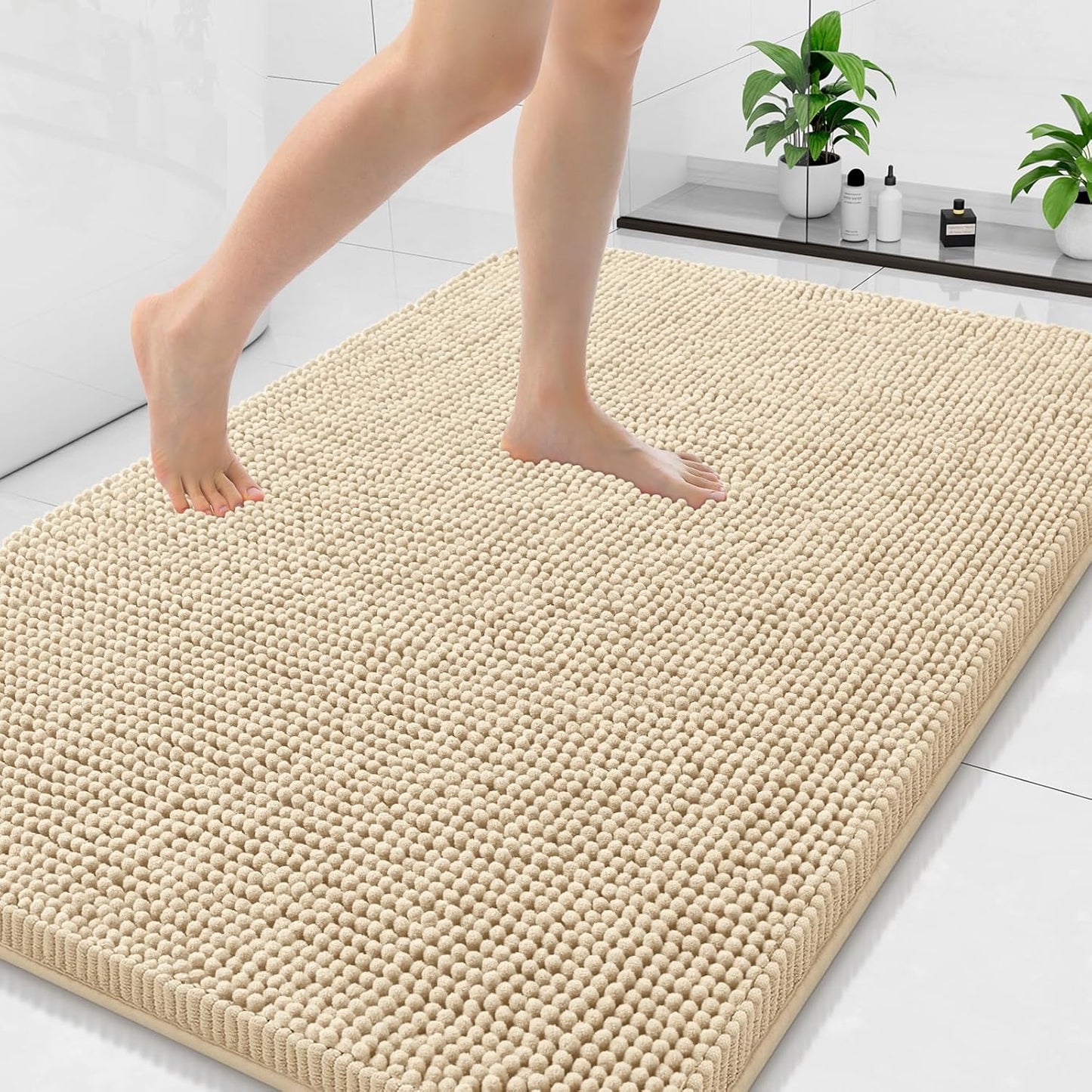Arotive Bathroom Rugs 47x32, Extra Soft Absorbent Shaggy Chenille Bath Rugs, Machine Washable Rubber Backing Non-Slip Bath Mats for Bathroom Floor Tub and Shower, Home Decor Accessories, Beige