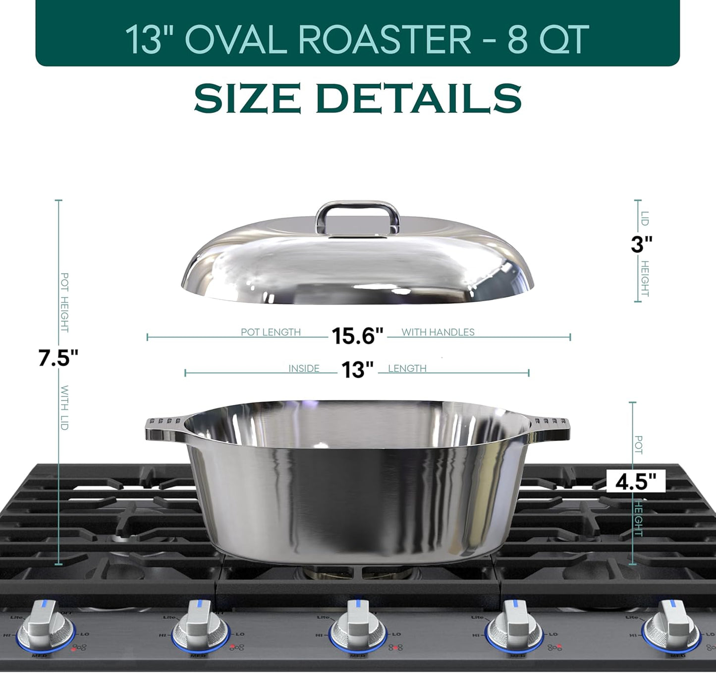 Cast Aluminum Oval Dutch Oven with Lid — 8 QT Heavy Duty Roaster Pan with Rack & Silicone Cover Dual Handles — Cajun Cookware for Roasting, Baking, Cooking (13" Medium)