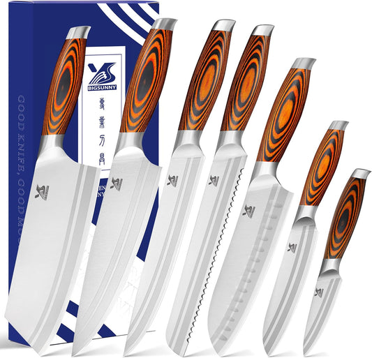 MSY BIGSUNNY 7-PCS Kitchen Knife Set, German Stainless Steel for Chef Knife Set with Pakkawood Handle, Perfect Cutlery Set Gift