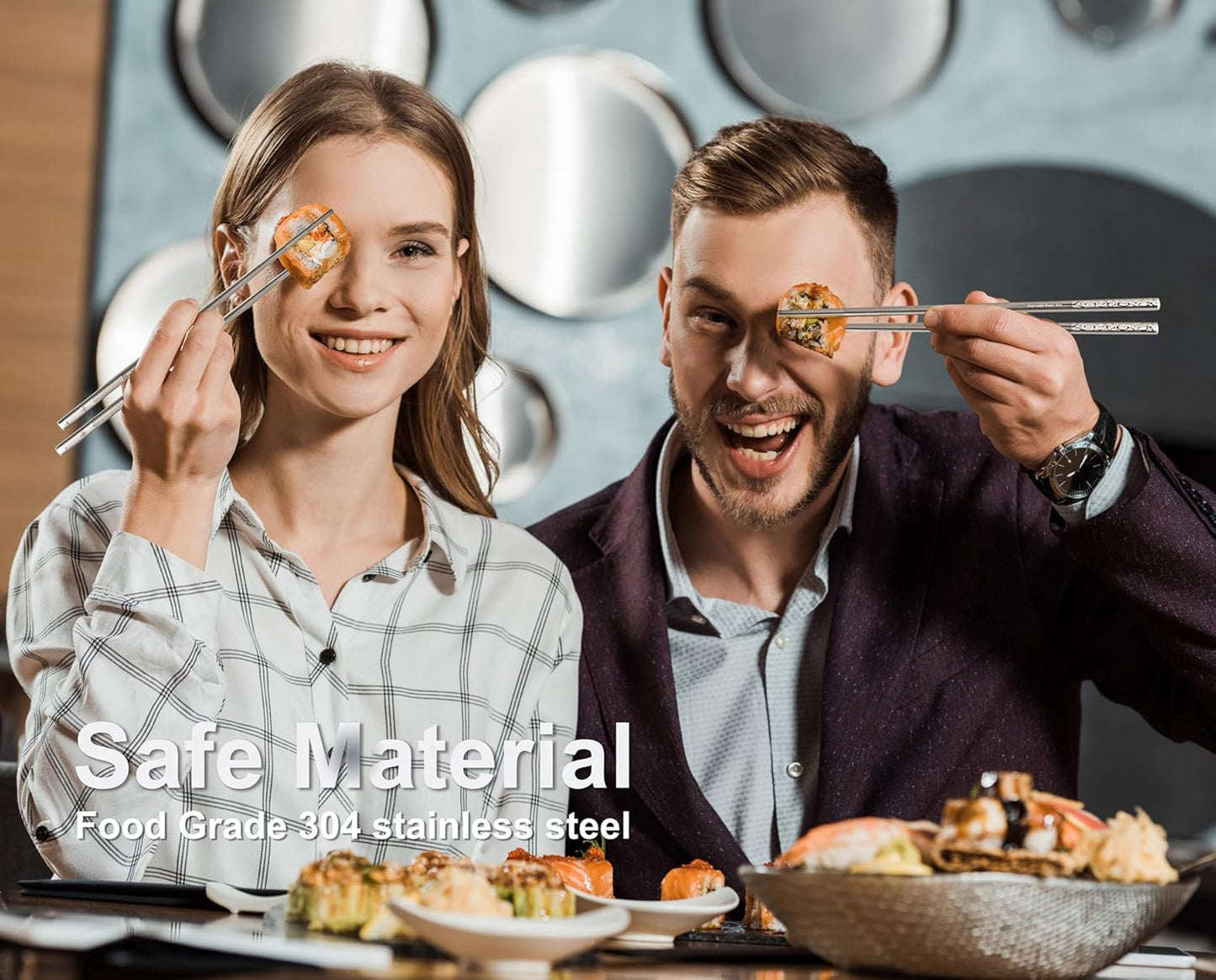 Metal Chopsticks Reusable 18/8 Stainless Steel Chopsticks Multipack Dishwasher Safe Chop Sticks Cute Laser Engraved Non-slip Japanese Korean Chopstick for Cooking Eating 9 1/4 Inches 5 Pairs Gift Set