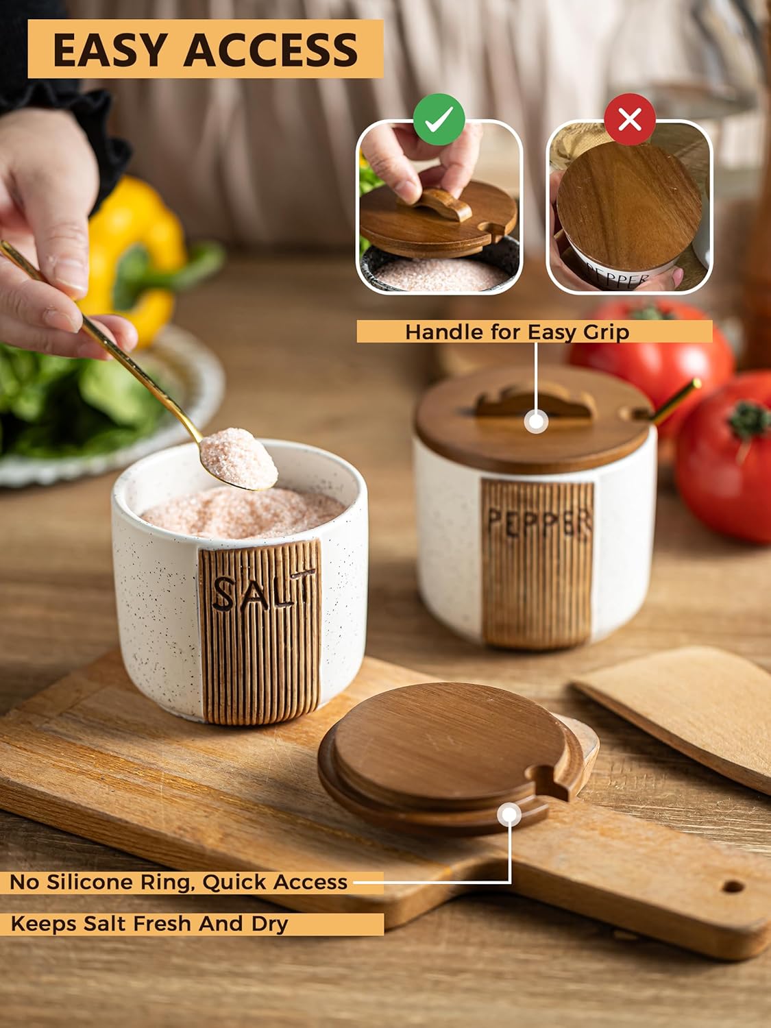 Salt and Pepper Bowl Ceramic, 10 Oz Salt and Pepper Cellar with Lid and Spoon, Farmhouse Salt Containers for Countertop, White