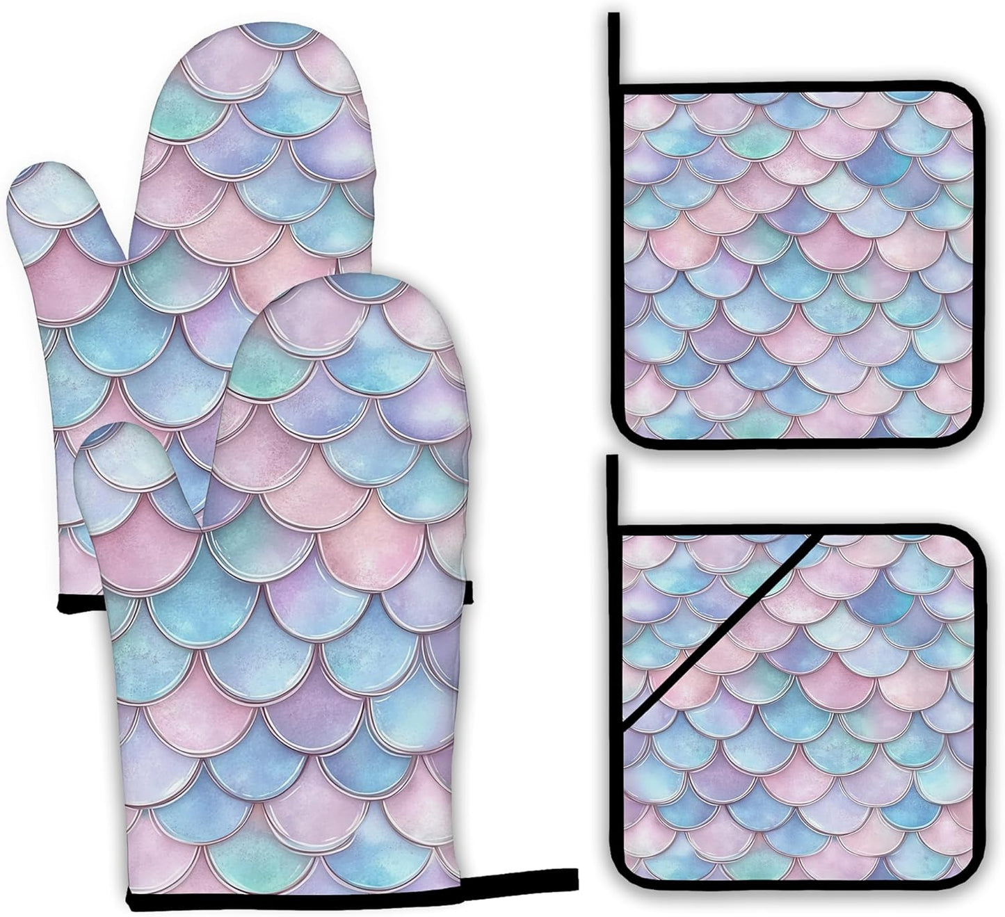 Pink Fish Scales Oven Mitts and Pot Holders Set,Mermaids Kitchen Decor Heat Resistant Non Slip Hot Pads and Oven Mitt for Chef Cooking Baking BBQ Mom Girl Gifts(4 Piece Set)