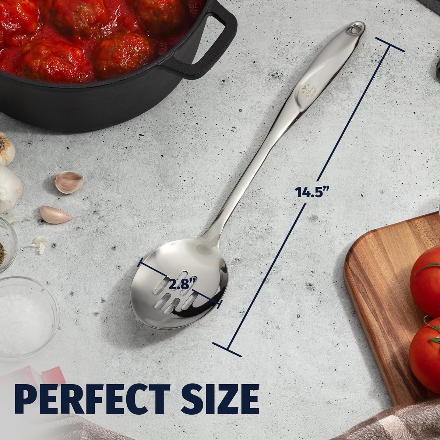 Zulay Kitchen Stainless Steel Slotted Spoon - Large Cooking Spoon - Durable Premium Stainless Steel with Comfortable, Ergonomic Handle - Easy to Clean - Perfect for At Home Cooking & Buffets - 15”