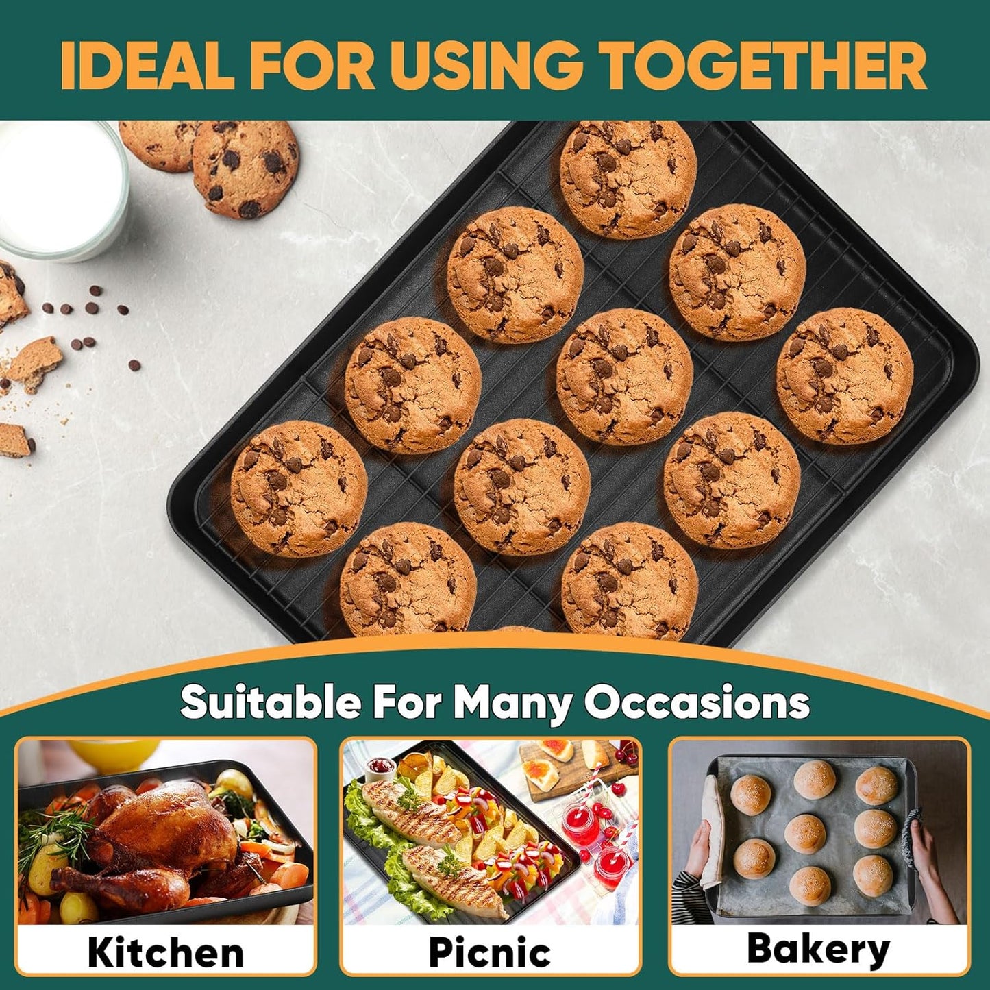 P&P CHEF Baking Oven Sheet Pan with Rack for Cookie, Nonstick Oven Tray and Cooling Rack for Baking & Roasting, Easy Clean, Black, 16 x 12 Inch