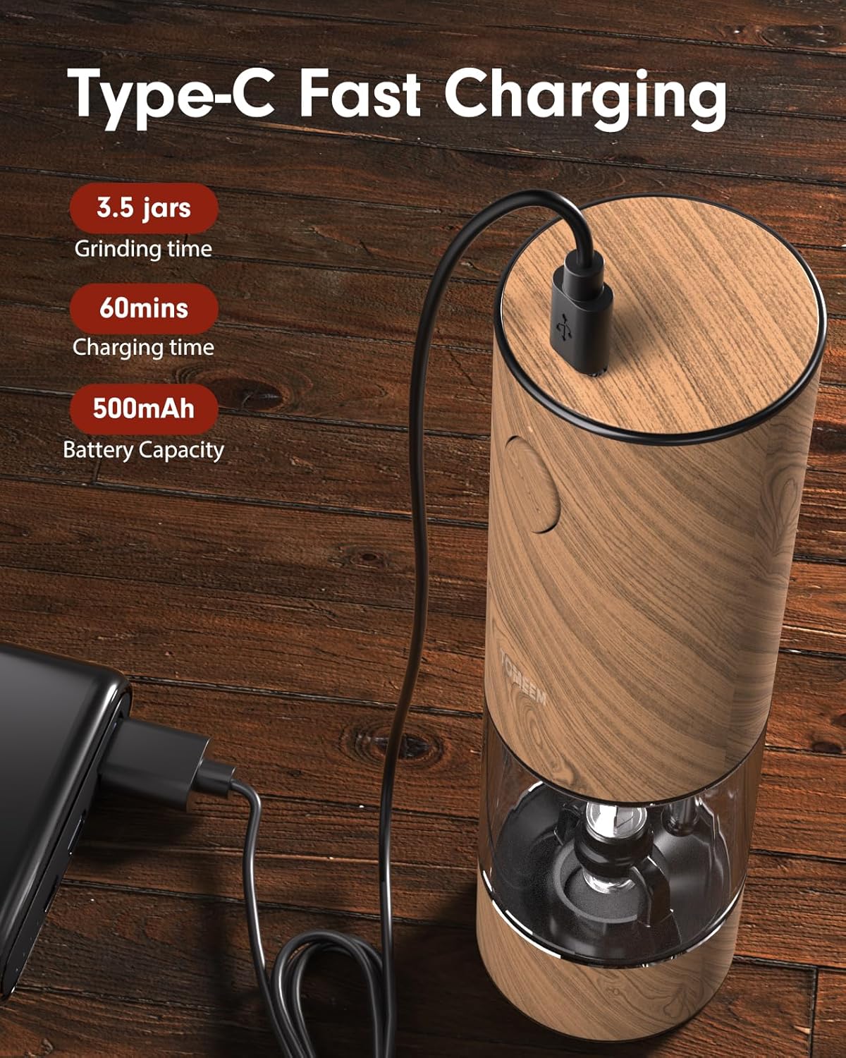 TOMEEM Upgraded Larger Capacity Electric Salt and Pepper Grinder Set Rechargeable with LED lights, Stainless Steel Automatic Pepper and Salt Grinder Refillable with 5 Adjustable Coarseness Wood Grain