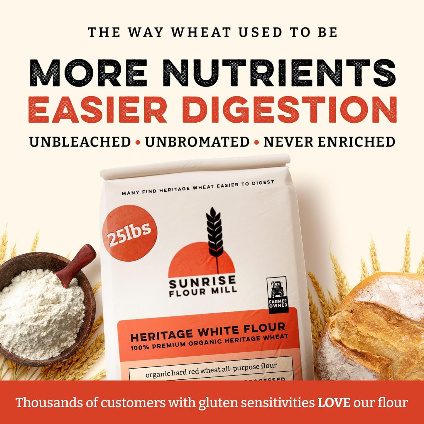 Sunrise Flour Mill Heritage Organic White Flour | USDA Organic All Purpose Flour Unbleached - Non-GMO, Kosher, Glyphosate Free, High Protein for Baking, Unbromated White Wheat (400 Ounce (Pack of 1))