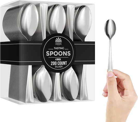 Mini Dessert Spoons - Bulk Pack of 200 Mini Silver Disposable Spoons - 4 Inch Plastic - Bpa Free - Food Safe