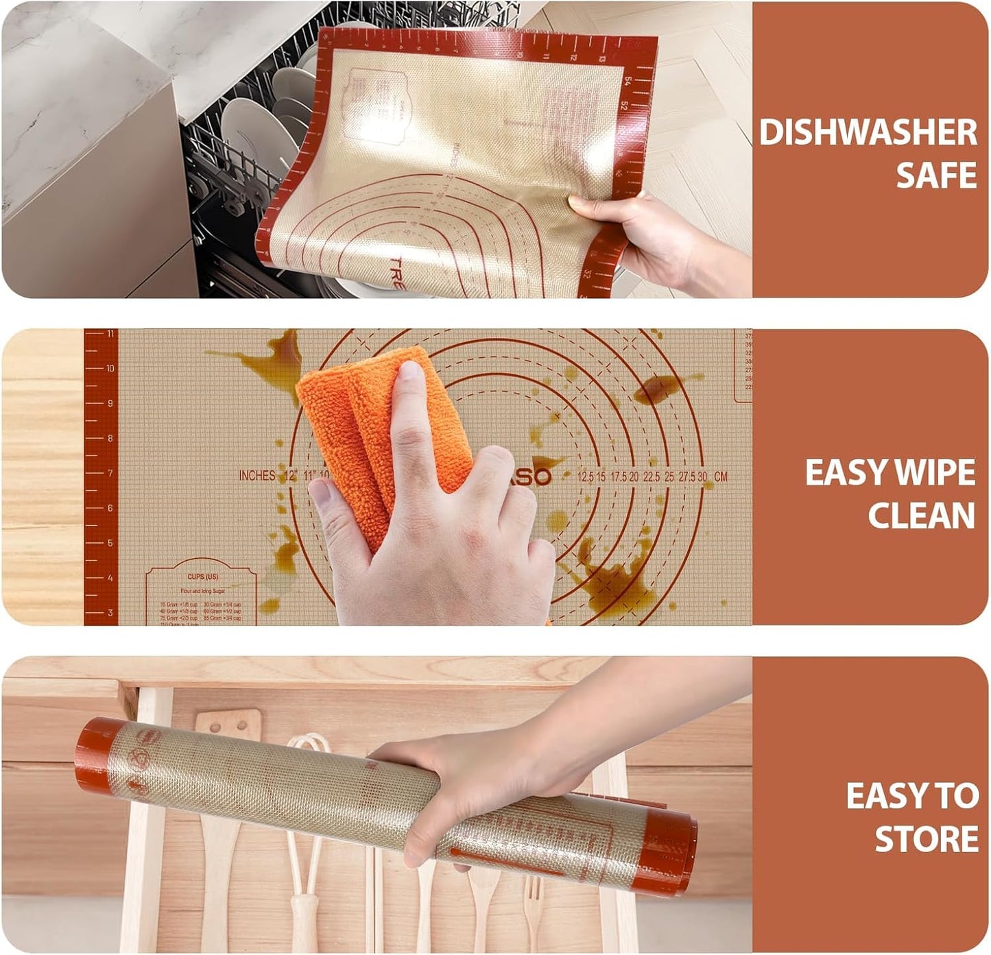 Silicone Pastry Mat, 16" x 24" Silicone Baking Mat for Counter Rolling Dough, Reusable Non-Stick Extra Large Dough Mat with Measurement for Pie Crust, Pizza and Cookies