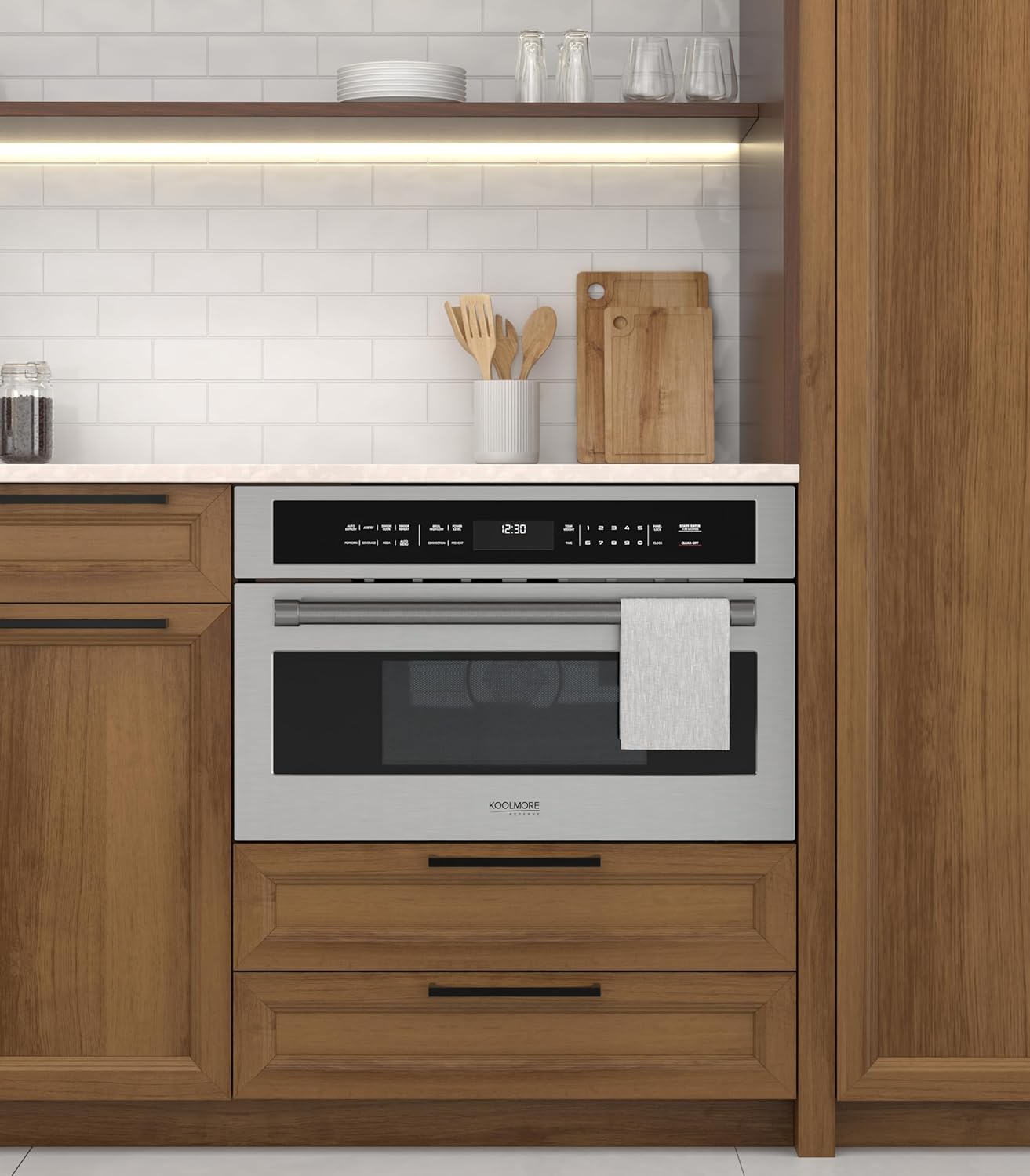 KoolMore Reserve 30 in. 1.6 cu. ft. Built-in Convection Microwave Oven with Air Fryer, 10 Power Levels, Sensor Cooking, Bake, Roast, Broil, Defrost, 1750 Watts, UL Certified in Black Stainless-Steel