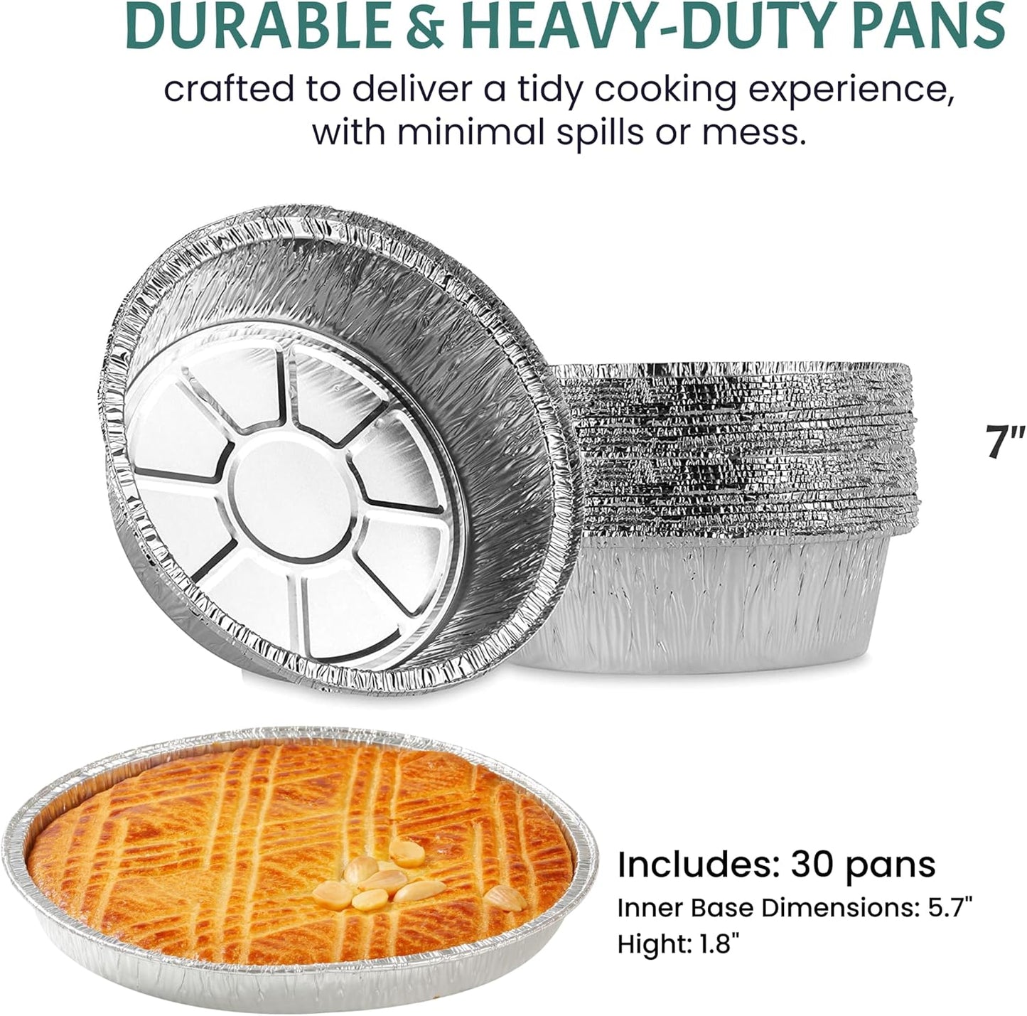 FUNSTITUTION Round Disposable Aluminum Pie Pans (30 Pack) - 7 Inch Disposable Pie Pans - Round Aluminum Foil Pans For Baking, Grilling, Cooking, Storing, Prepping