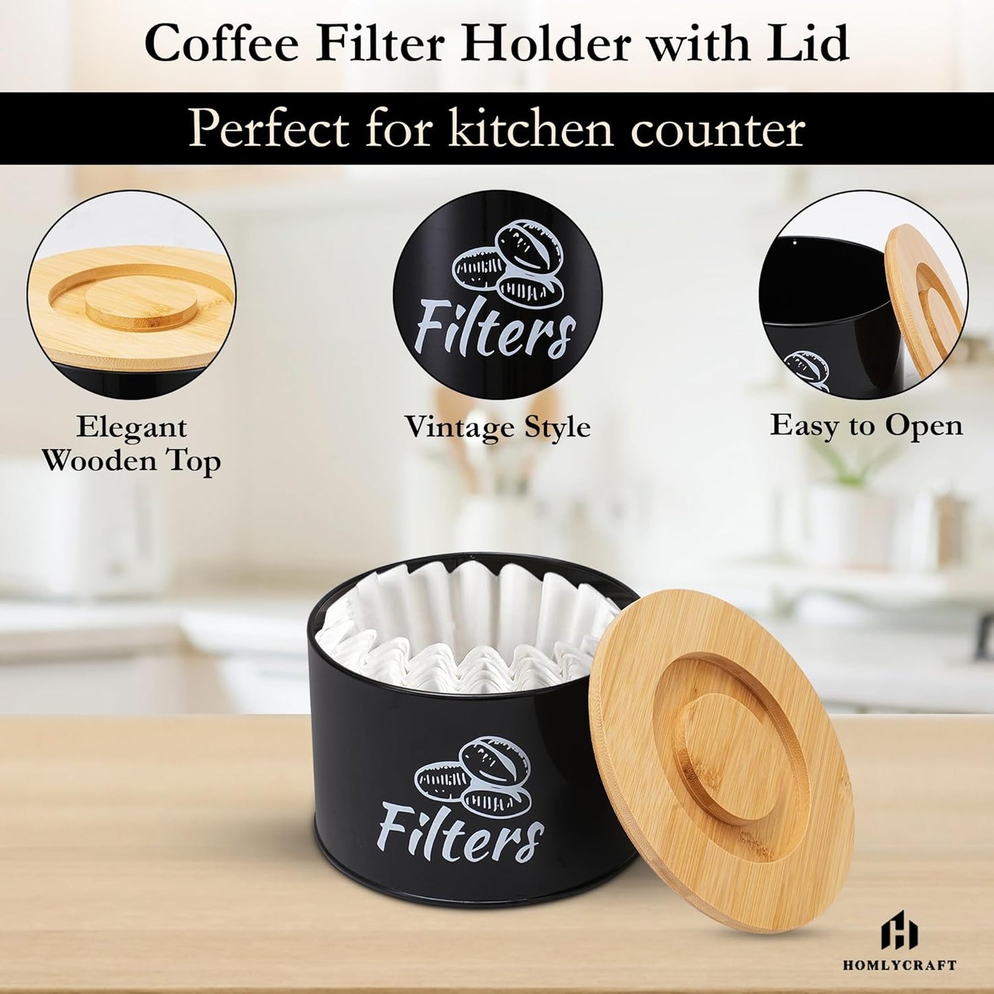 Coffee Filter Holder with Bamboo Lid – Filter Storage Organizer for Cone & Round Filters – Rustic Coffee Bar Container for Counter, Kitchen or Cafe Decor (Black).