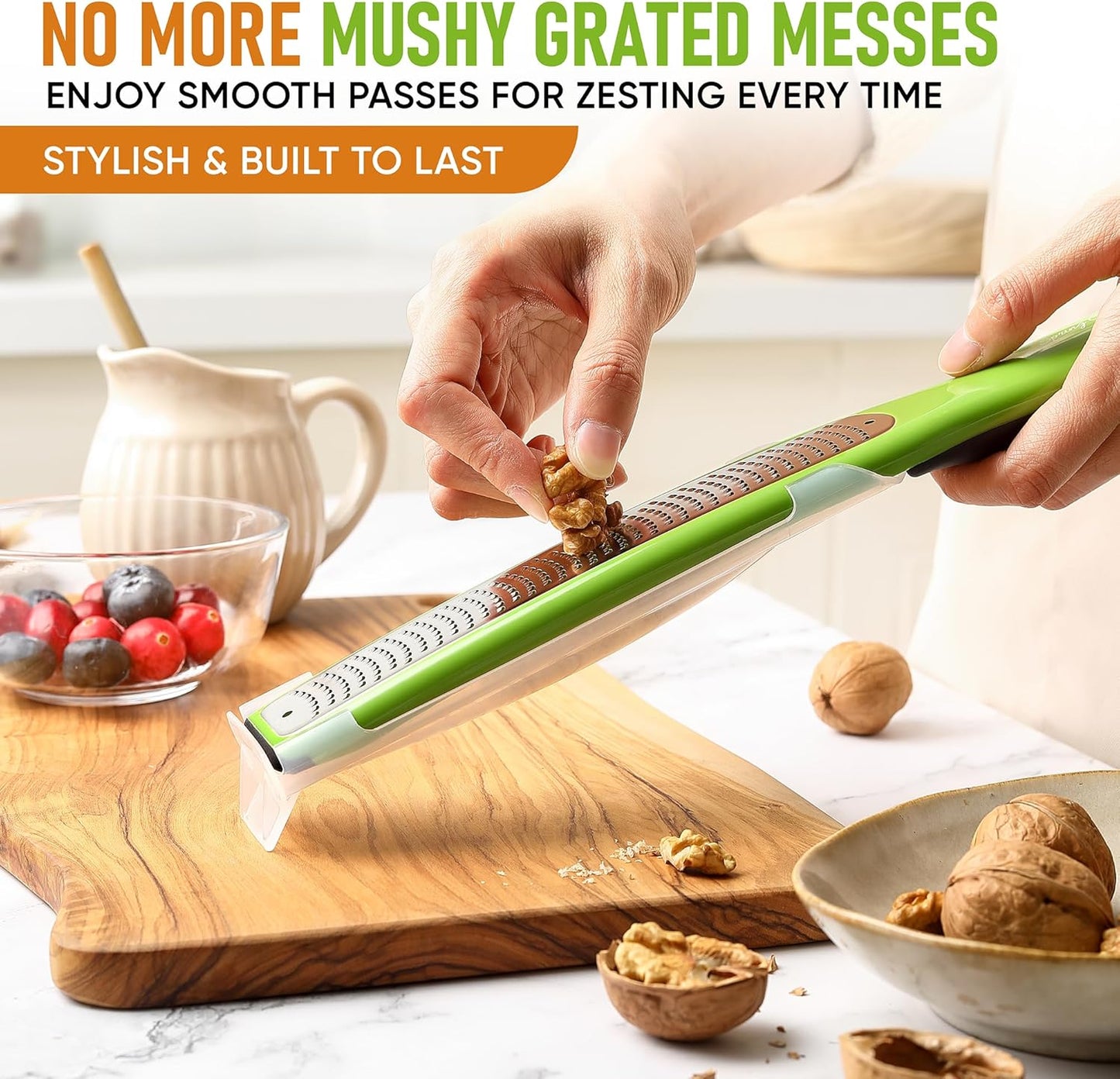 Spring Chef Premium Lemon Zester Grater with Handle - Orange, Garlic, Ginger, Nutmeg, Cheese Grater- Handheld Sharp Kitchen Tool - Stainless Steel Citrus Zester with Blade Cover - Fine Shred, Green