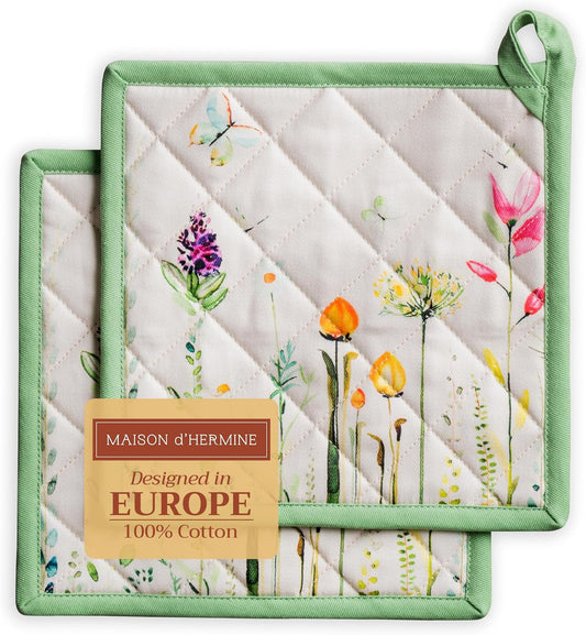 Maison d' Hermine Pot Holders set 100% Cotton Heat Resistant Potholders 8" x 8" Hot Pads with Loop BBQ, Cooking, Baking, Grilling, Kitchen, Handling Hot Pans Spring/Summer (Pack of 2, Botanical Fresh)