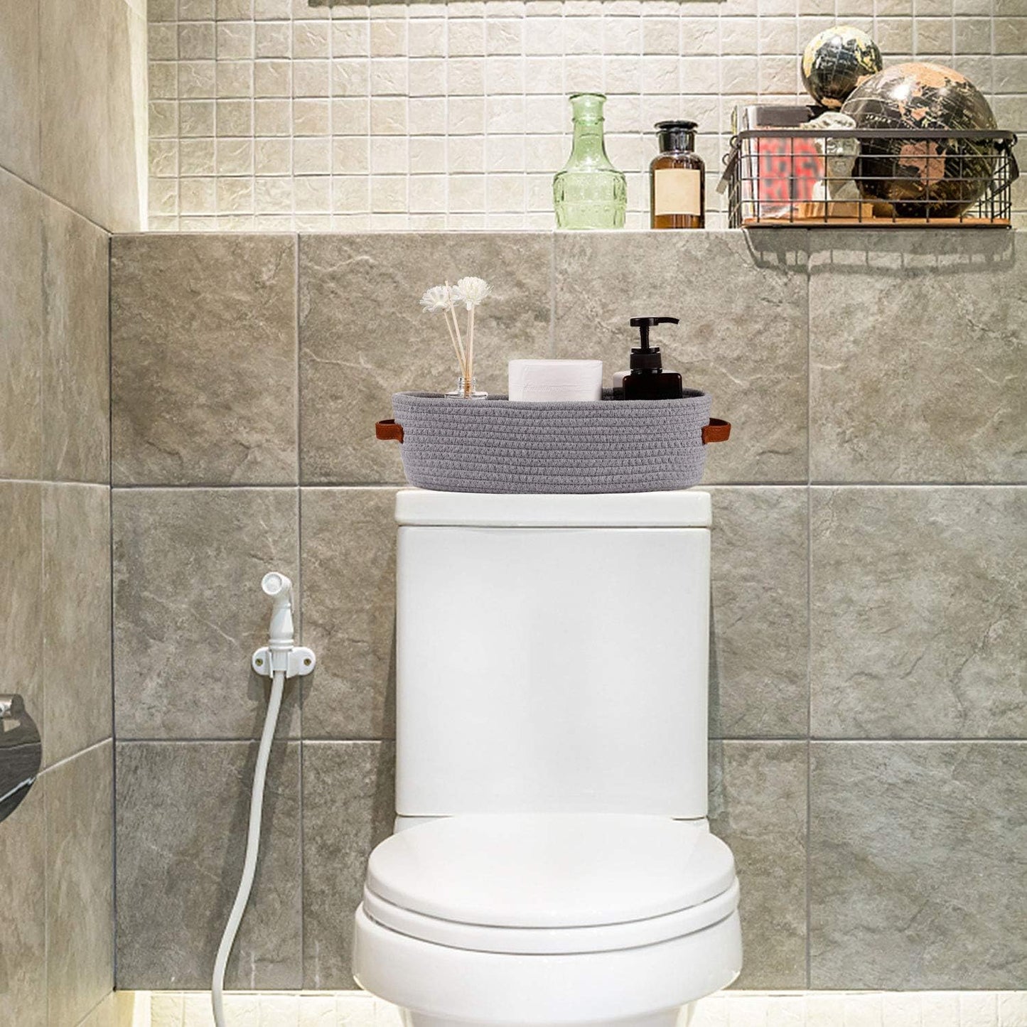 Cotton Rope Small Woven Toilet Paper Room Storage Basket with Handles for Bathroom, 13"x5.9"x4" Gary