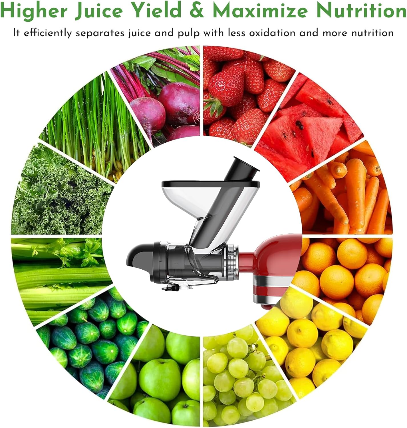 Masticating Juicer Attachment for KitchenAid Stand Mixer, Cold Pressed Juicer Machine, Slow Masticating with Dual Feed Chute, Bladeless Design, Max Nutrient Retention, Easy Clean by InnoMoon