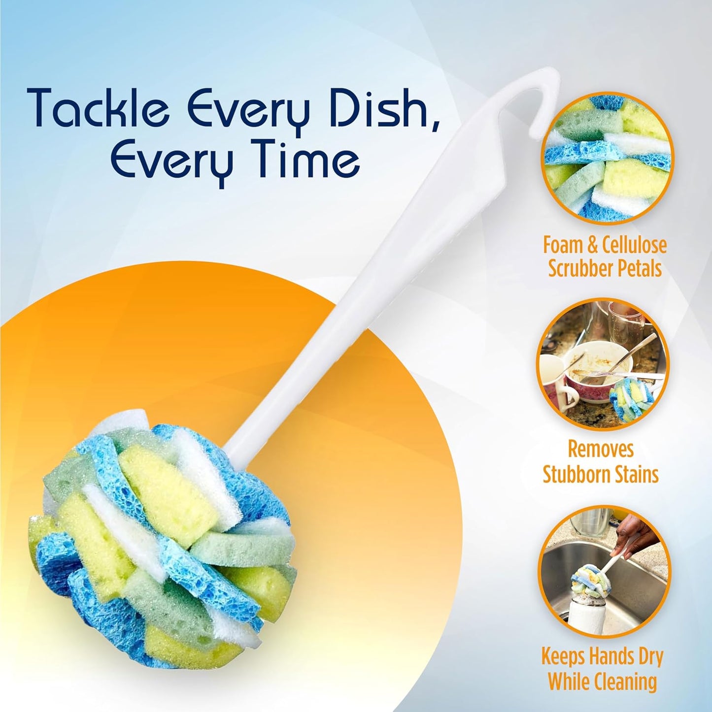 Compac Home Dish SpongeWand Plus Tri Surface Scrubbing Sponge with Cello Foam Scour Sponge Petals, Cleans Dishes, Glassware 360 Scrubber Pads for Tough to Clean Pots Pans, Multi-Color, (Pack of 6)