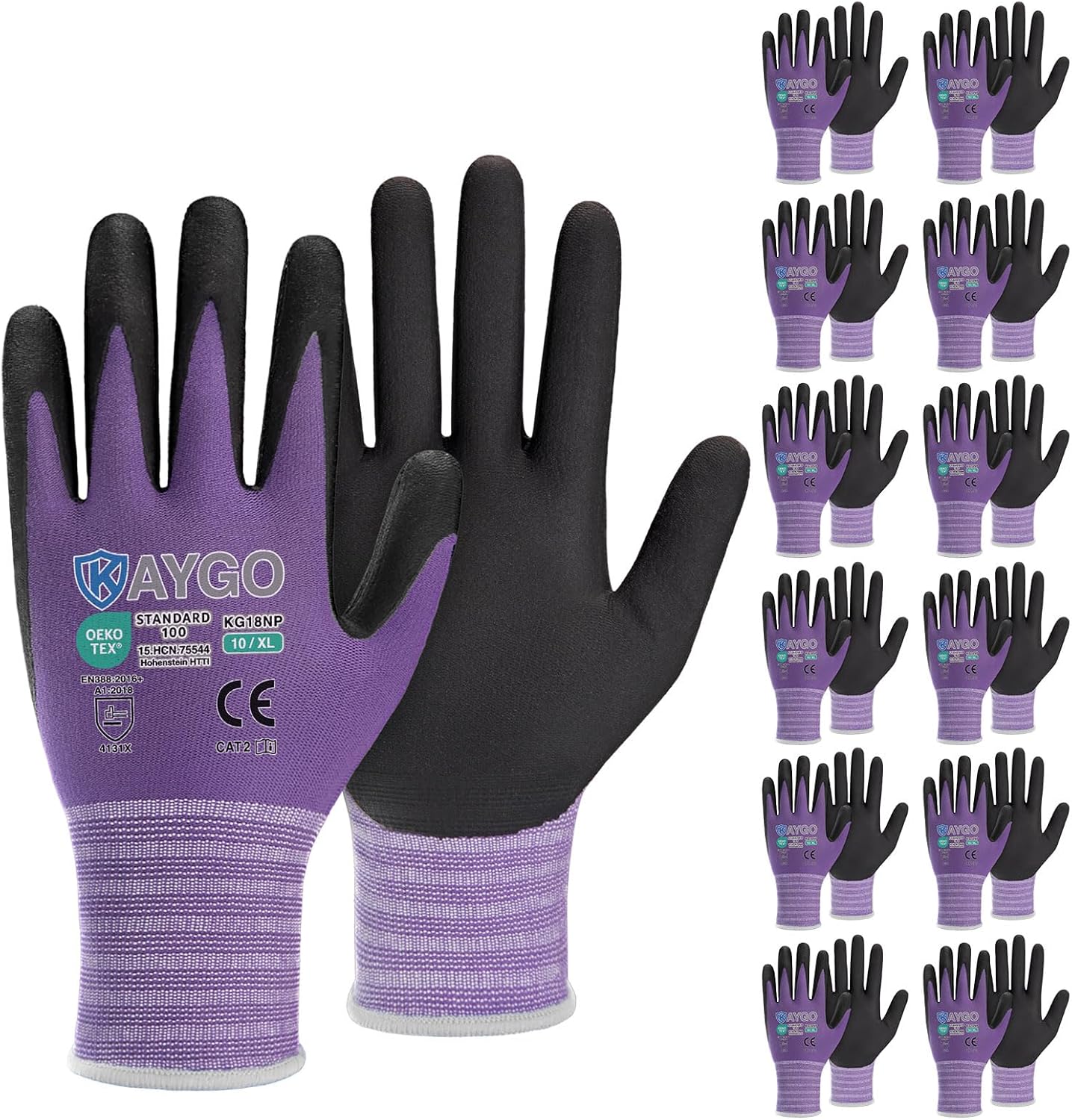 KAYGO Safety Work Gloves MicroFoam Nitrile Coated, 12 Pairs KG18NB,Seamless Knit Nylon Glove for Men and Women, Ideal for Automotive,Warehouse,Construction (XL, Purple)