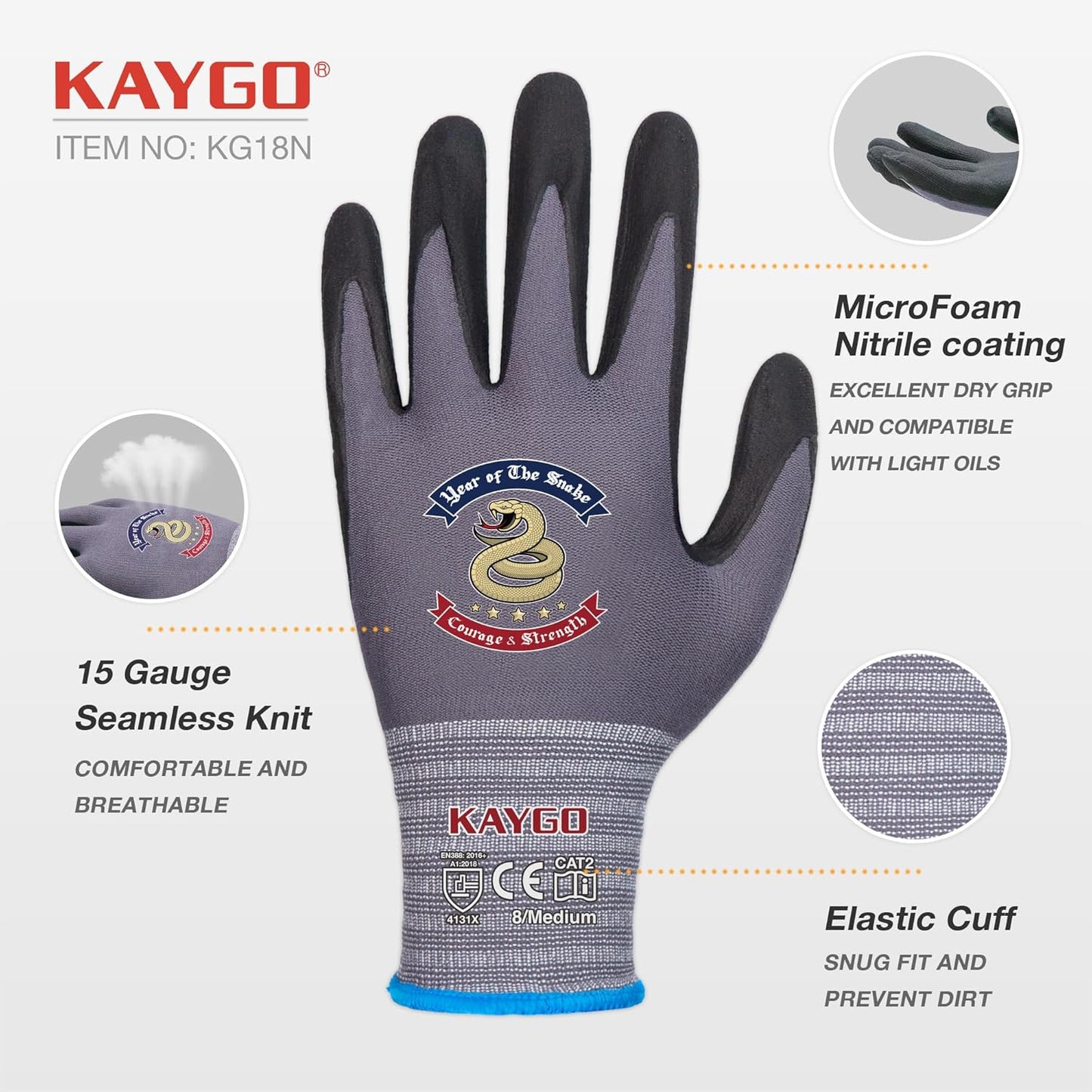 KAYGO Safety Work Gloves MicroFoam Nitrile Coated, 3 Pairs KG18NB,Seamless Knit Nylon Glove for Men and Women, Ideal for Automotive,Warehouse,Construction (L,Gray)