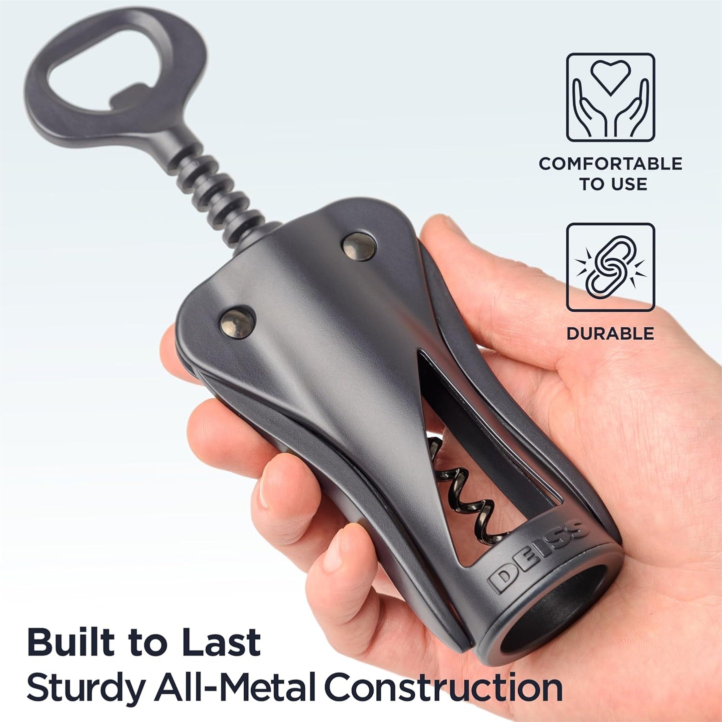 Deiss LUX Wine Opener, All-Metal Wing Corkscrew Wine Bottle Opener with Built-in Beer Bottle Opener - Ergonomic Cork Screw Wine Corker, Silver Matte Coating, Velvet Storage Pouch (BLACK)