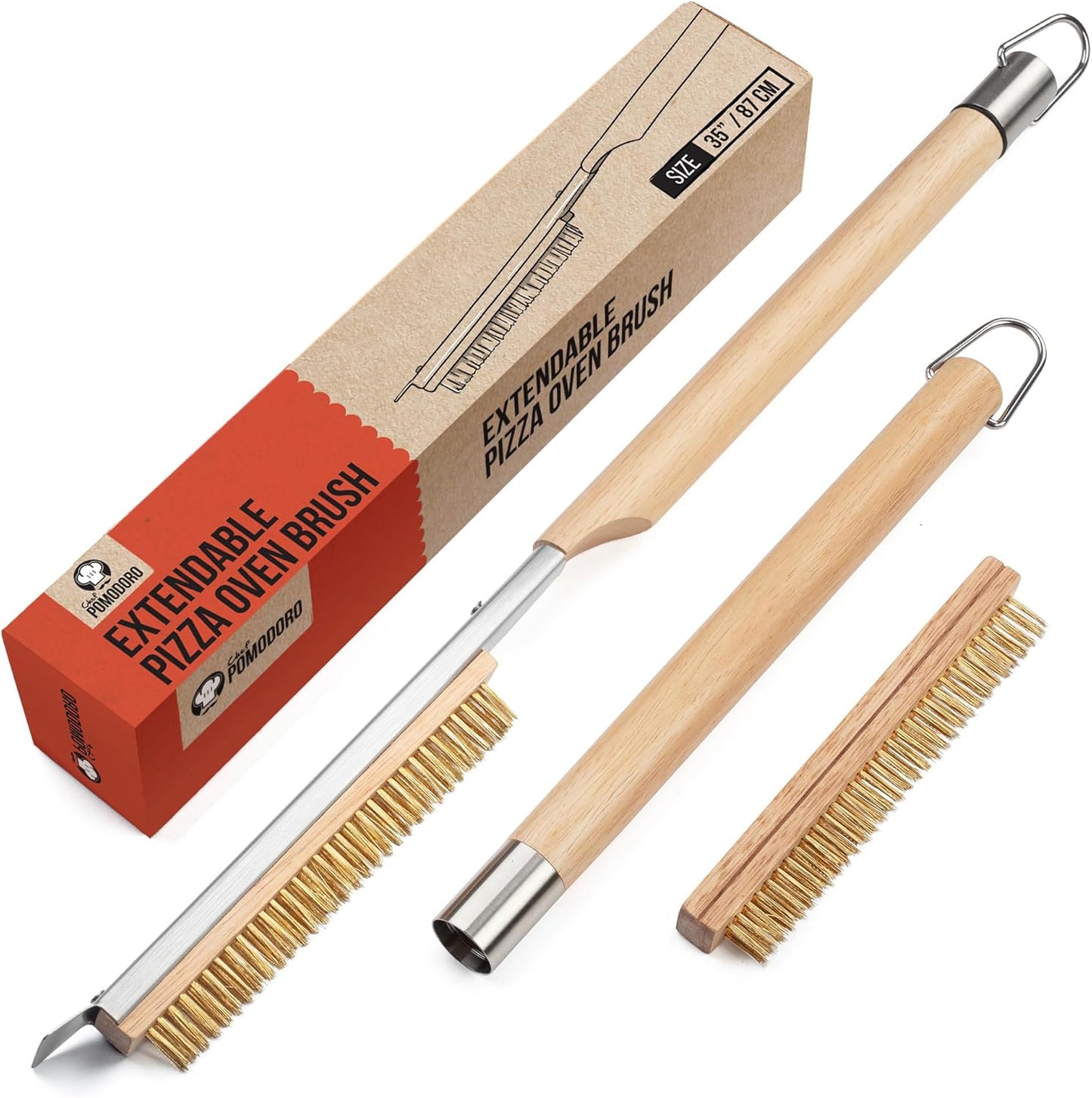 Chef Pomodoro Pizza Oven Brush with Scraper - Adjustable Handle (55cm to 87.7cm), Pizza Stone Brush, Pizza Oven Cleaning Brush, Outdoor Pizza Oven Accessories for Pizza Stones, BBQ Grill, and Ovens