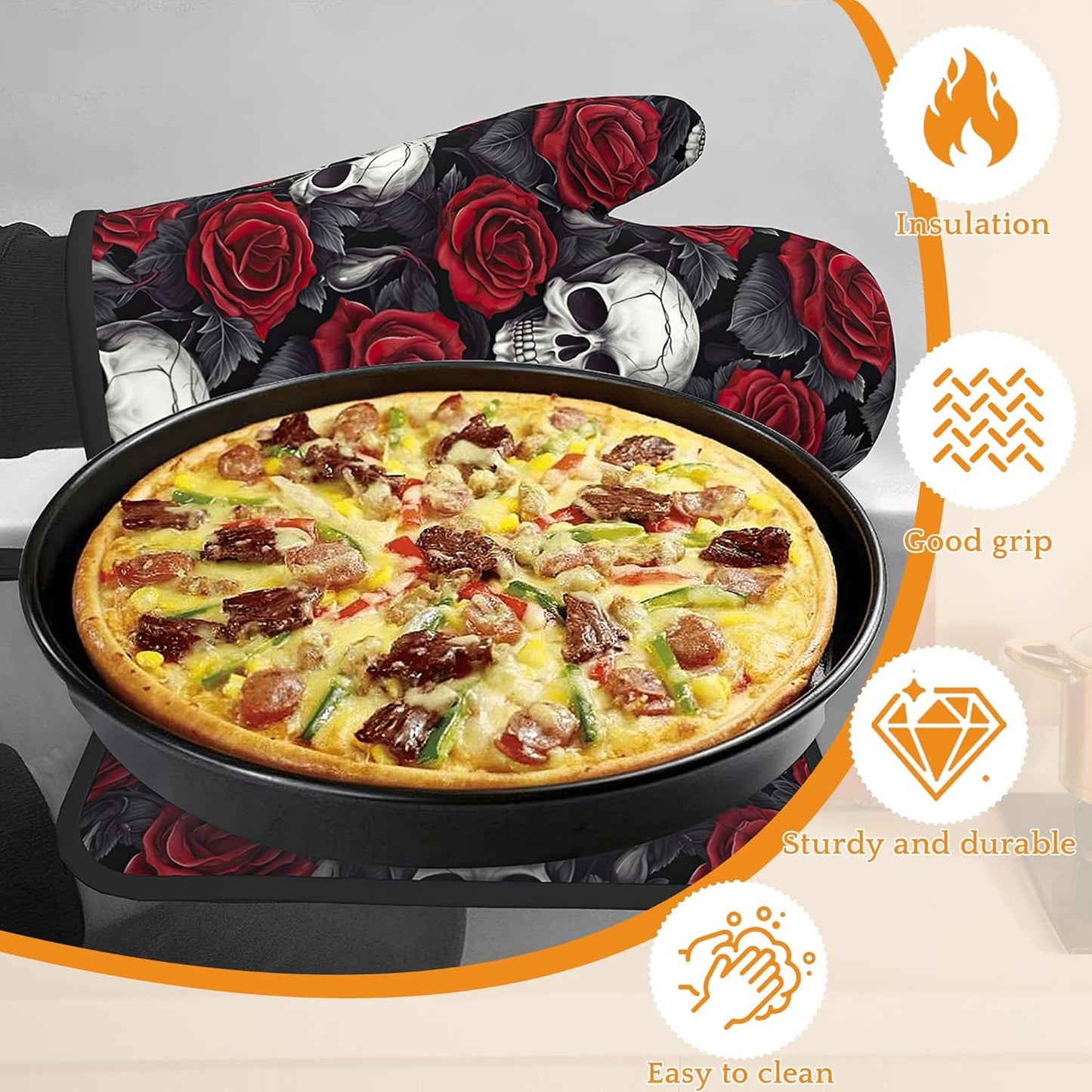 Skulls Oven Mitts and Pot Holders Set,Red Roses Kitchen Oven Gloves and Pot Holder with Heat Resistant Non Slip for Cooking Baking Grilling(4 Piece Set)