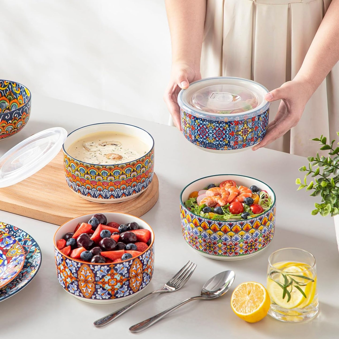 vancasso 36 oz Ceramic Bowls with Lids Set of 4, 6 Inch Food Storage Containers & Prep Bowls for Leftovers, Soup, Cereal, Meal Prep, Office Lunch, Microwave & Dishwasher Safe, Series SIMI