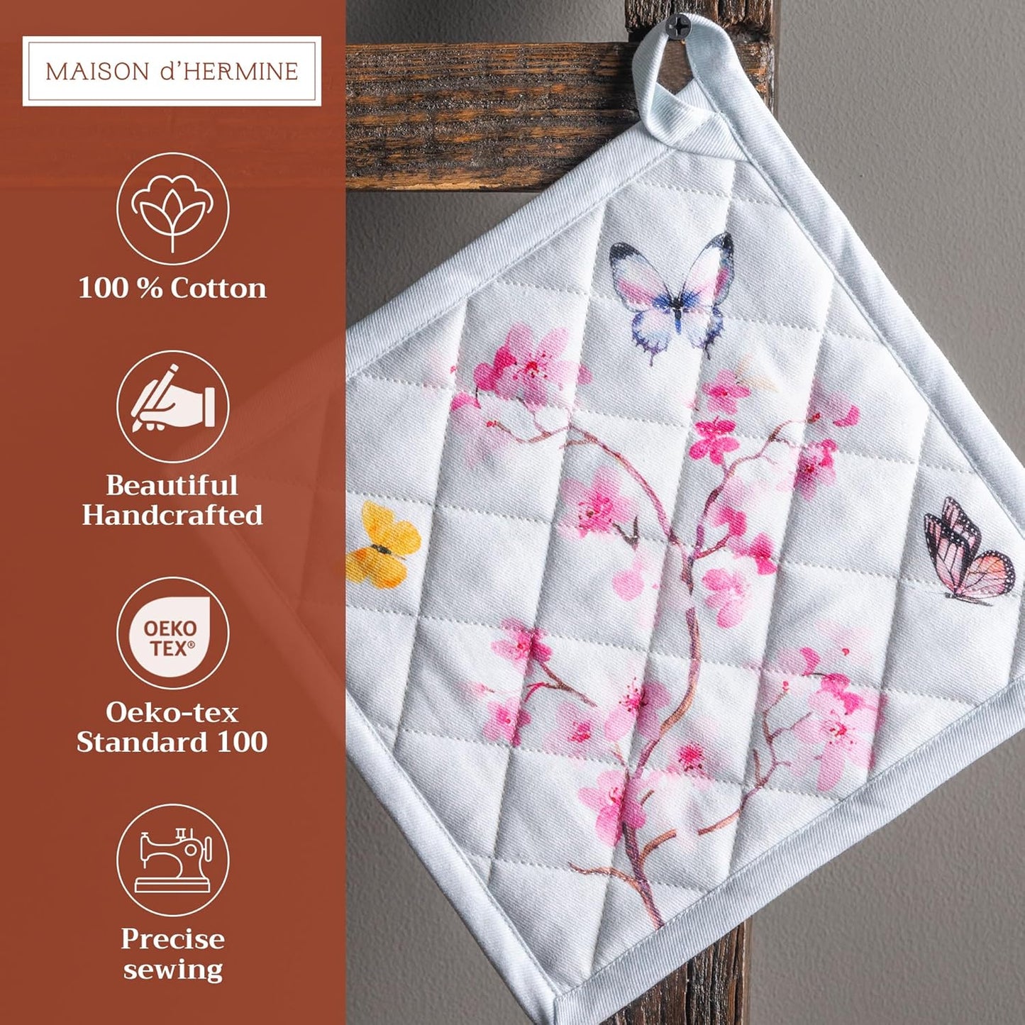 Maison d' Hermine Pot Holders Set 100% Cotton Heat Resistant Potholders 8" x 8" Hot Pads with Loop BBQ, Cooking, Grilling, Kitchen, Handling Hot Pans Spring/Summer (Pack of 2, Blossoms in Spring)