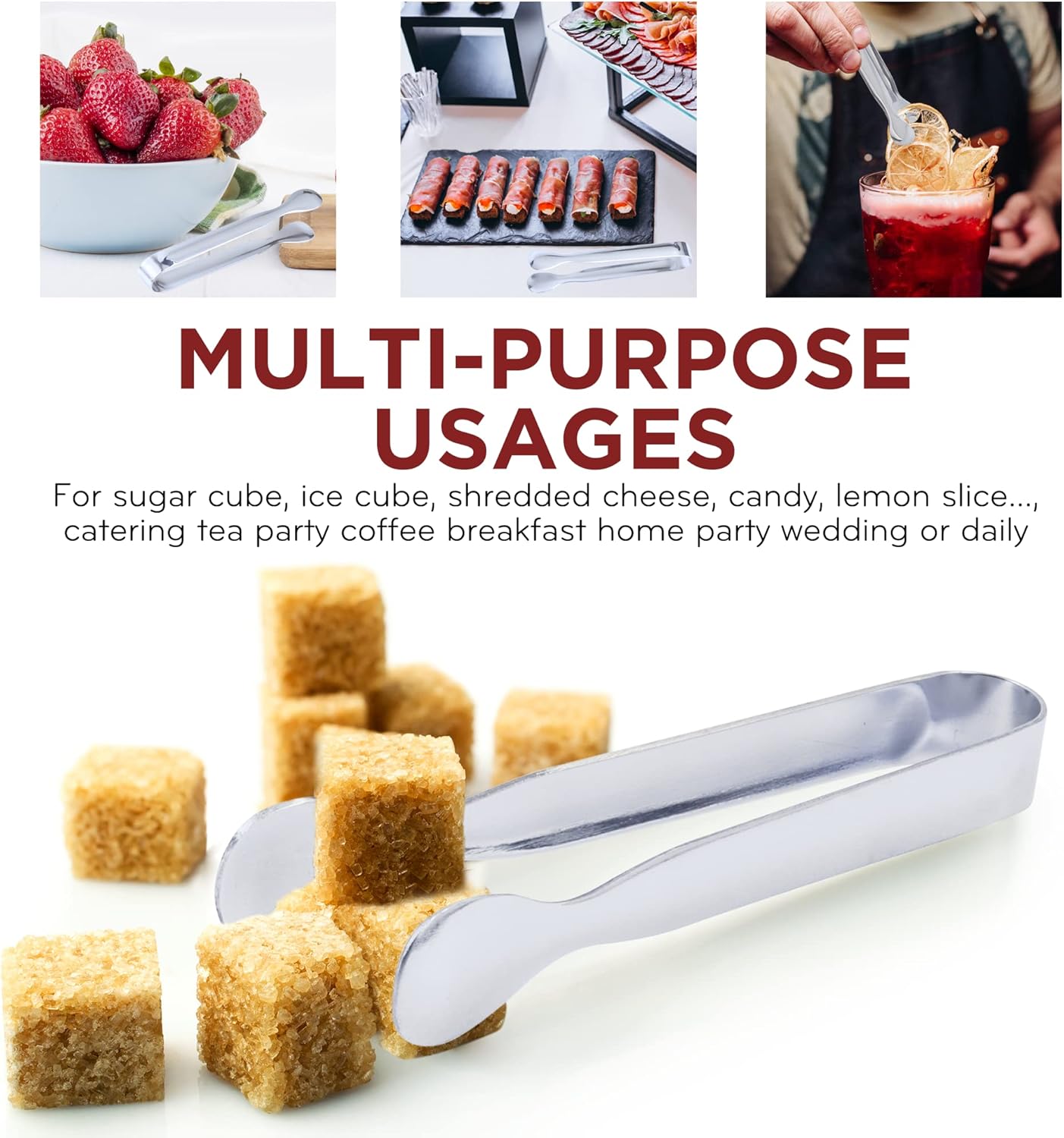 DUGATO 12 Pack Mini Serving Tongs (4.3 Inch Stainless Steel) - Small Appetizer, Sugar Cube & Ice Tongs for Tea Party, Coffee Bar, Buffets - Silver