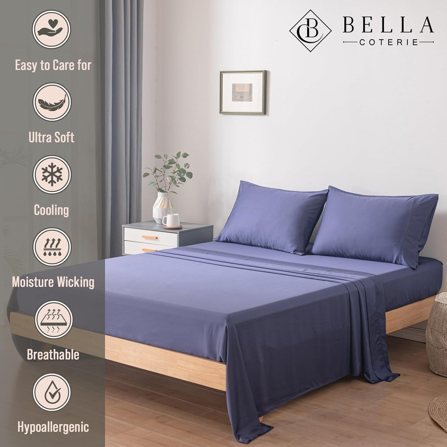 Bella Coterie Luxury Bamboo Viscose Queen Size Sheet Set | 100% Organically Grown | Ultra Soft | Cooling for Hot Sleepers | 18" Deep Pocket [Twilight Blue]