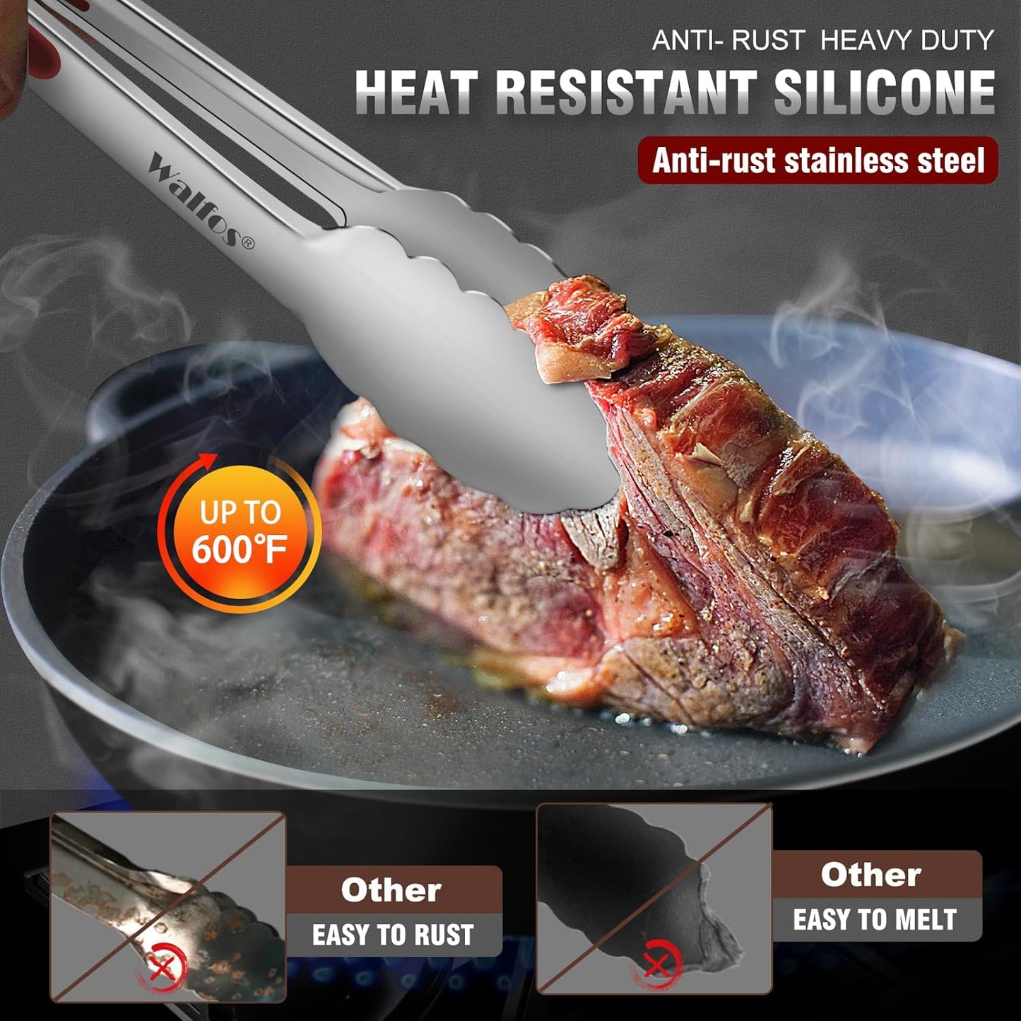 Walfos Stainless Steel Kitchen Tongs - 7, 9 & 12 Inch Heavy Duty Locking Metal Tongs for Cooking, BBQ Grilling, Set of 3 Non-Slip Grip (Wine Red)