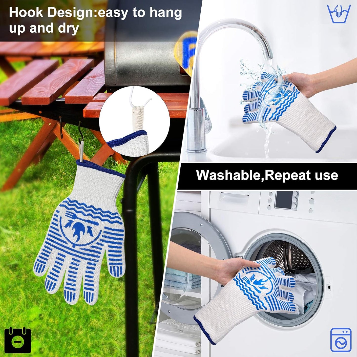 Oven Gloves 1472°F Extreme Heat Resistant BBQ Gloves, Flexible Grill Gloves Non-Slip Food Grade Silicone Oven Mitts for Kitchen, Cooking, Barbecue, Baking, Smoker (11inch)