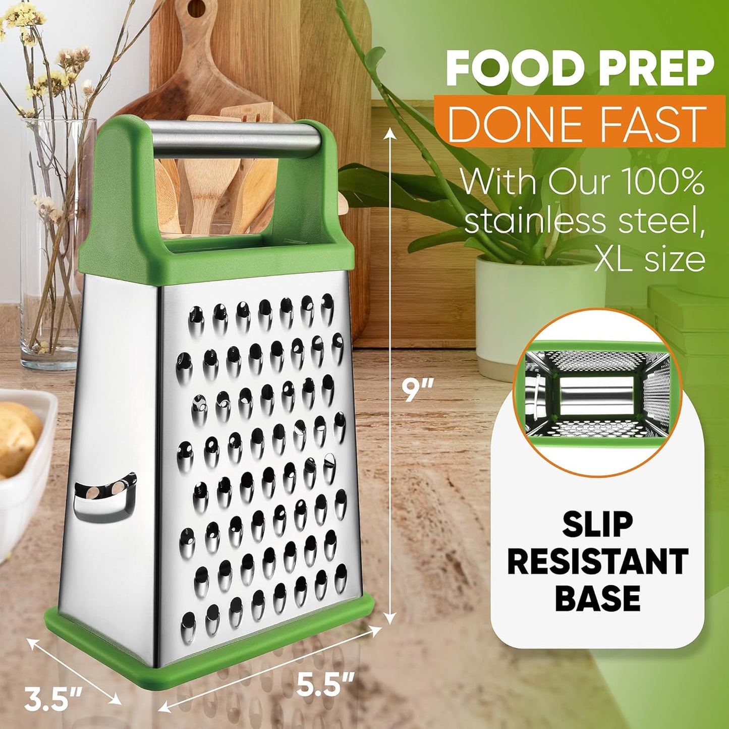 Spring Chef Green Professional Stainless Steel XL Parmesan Cheese Grater with Handle - 4 Sided Box Grater for Kitchen - Dishwasher Safe Food Shredder for Carrot, Potato, Vegetables, Ginger, Hash Brown