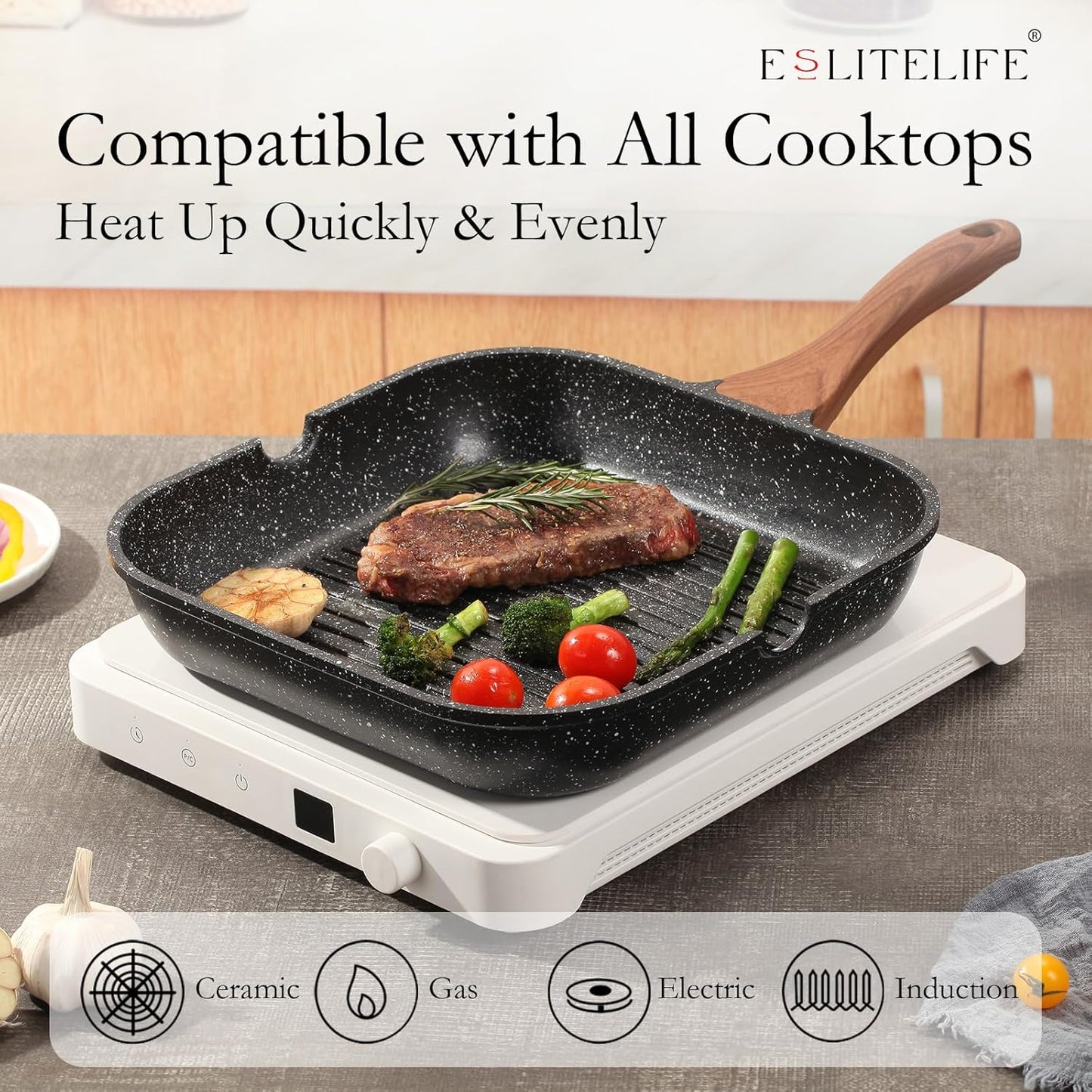 ESLITE LIFE 9.5 Inch Nonstick Grill Pan with Lid for Indoor Cooking, Versatile Induction Square Large Grilling Skillet Steak Pan for Stove Tops, PTFE & PFOA Free, Black