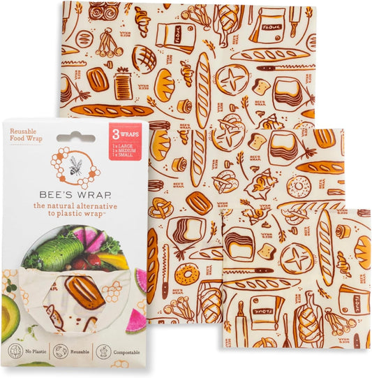 Bee's Wrap Beeswax Wraps for Food - Bakery Lane 3 Pack (S, M, L) Made in USA Reusable & Organic Food Wraps, Sandwich Wrap & Bowl Covers - Eco-Friendly Alternative to Aluminum Foil & Plastic Wrap