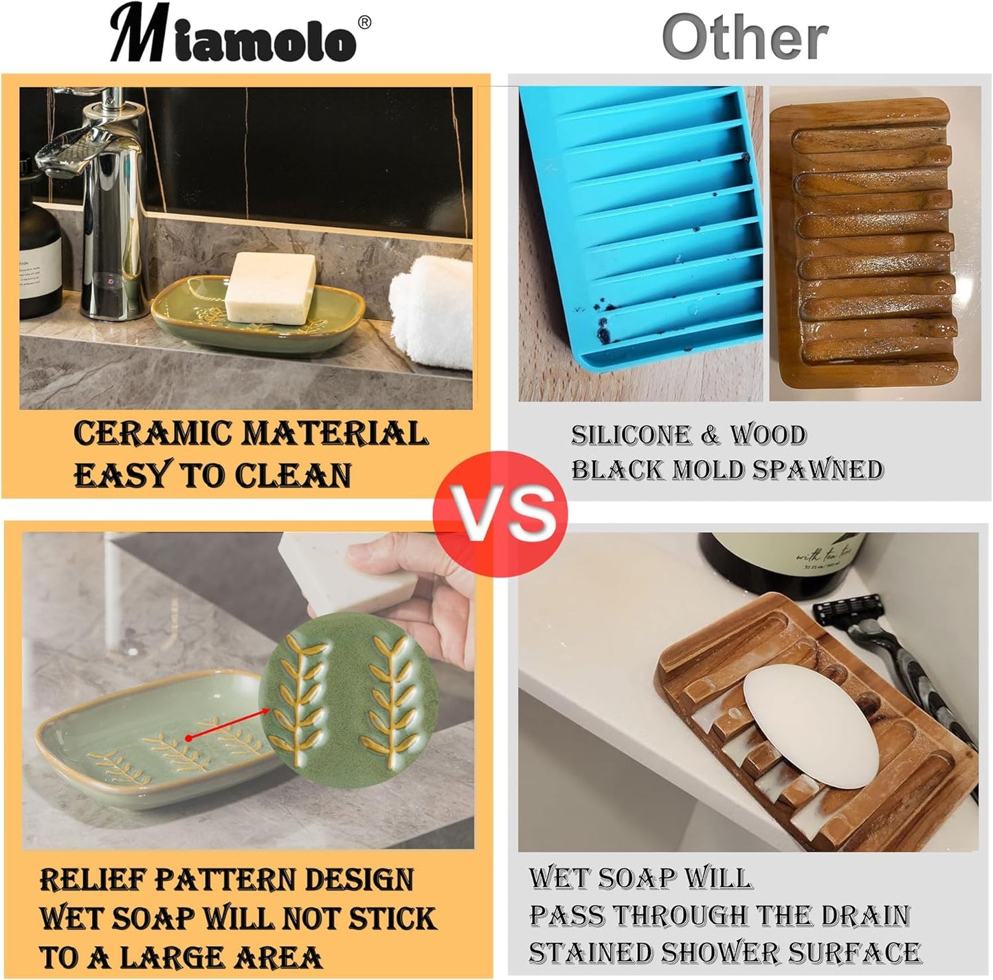 Soap Dish Soap Holder Shower, Ceramic Soap Dishes for Bar Soap Sponge, Shower Soap Dish Soap Saver Tray for Bathroom Kitchen Sink, Easy to Clean, Green