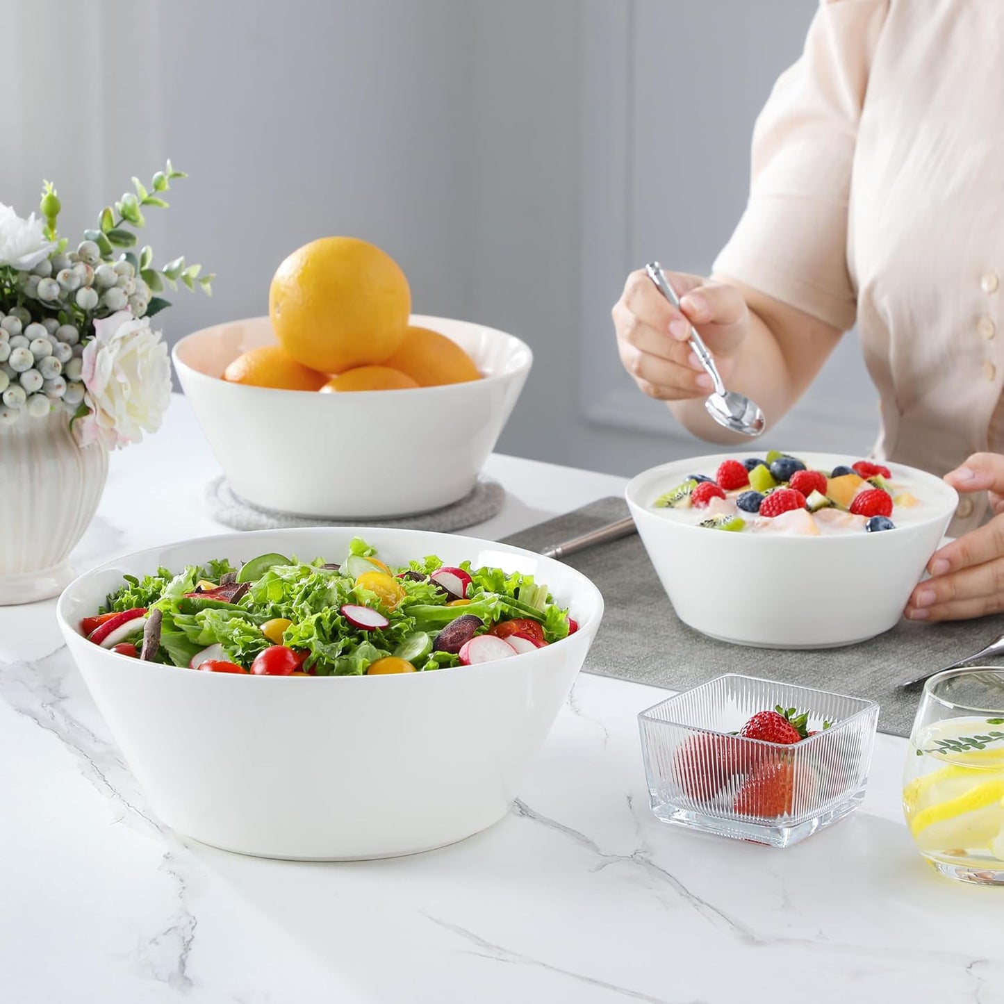 MALACASA Serving Bowls, Ceramic Mixing Bowls for Kitchen, 105/60/35 OZ White Bowls Set of 3, Microwave and Dishwasher Safe, Series Regular