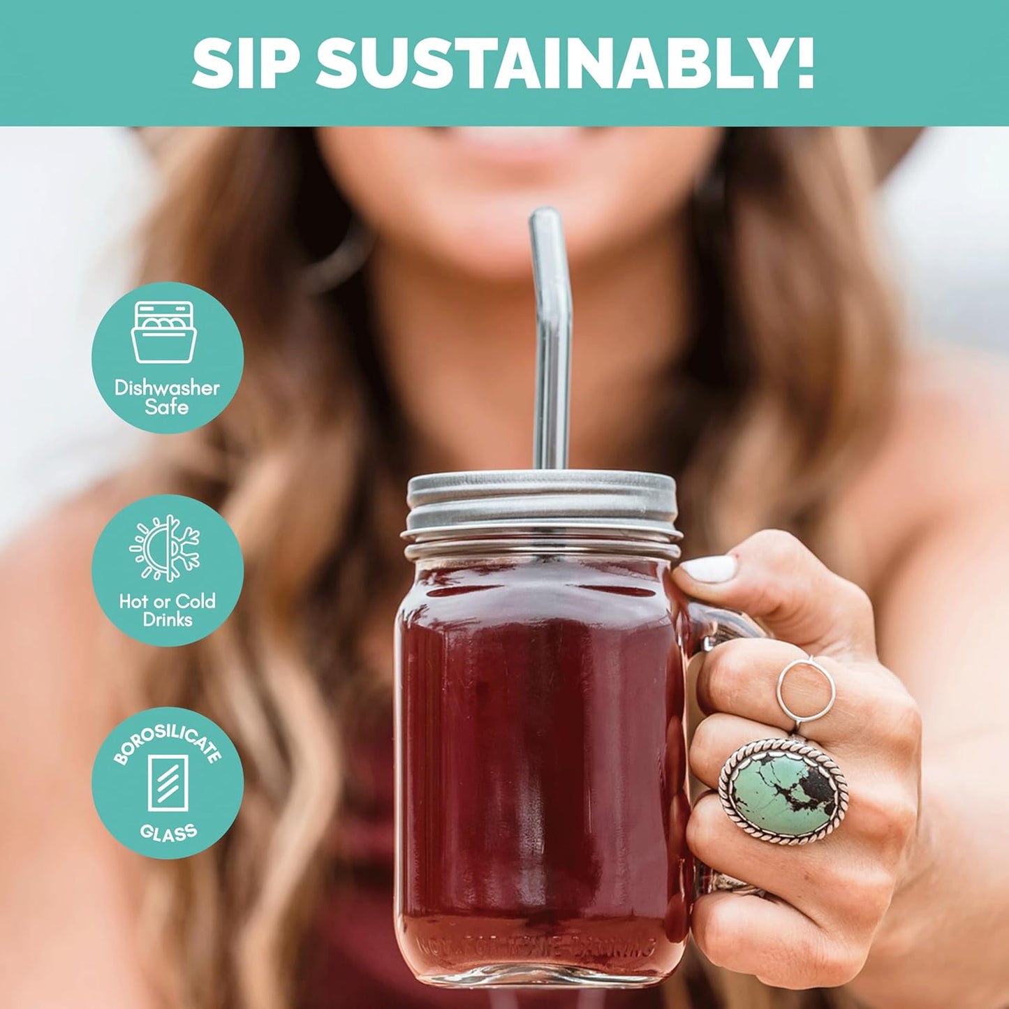 Simply Straws 10 Inch Glass Straws Bent (6-Pack) – Reusable Glass Straws for 24 Oz Mason Jars & Tumblers, with Cleaning Brush – Durable, Dishwasher Safe, Hot & Cold Use, BPA-Free (Cote d'Azur)