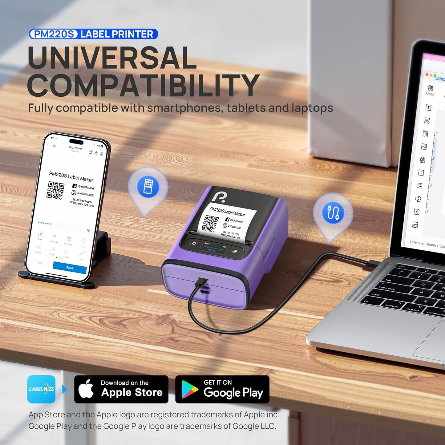 POLONO PM220S Label Maker Machine with Tape, 2 Inch Bluethooth Portable Thermal Label Printer for Small Business, Office, Home, Address, Logo Label, Sticker Printer for Phone/Tablet/PC, Purple