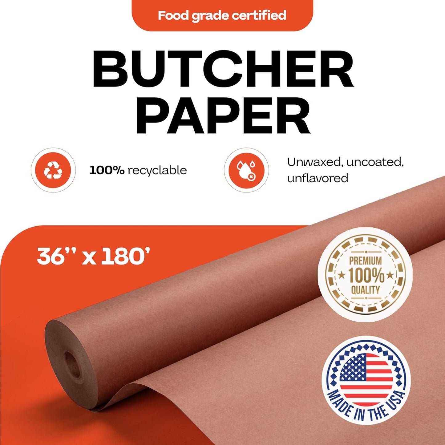 Peach Butcher Paper 36" x 2160" (180 feet) - USA-Made Natural Butcher Paper Roll for Meat and Fish - Uncoated, Unwaxed & Food-Grade Material for Smoking Meat, Grilling & BBQ by IDL Packaging