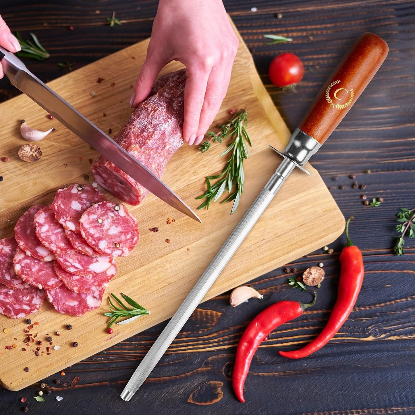 Knife Sharpener Rod, Kitchen Knives Sharpener Carbon Steel Professional Knife Sharpening Steel, Honing Rod with Hanging Holes (13 inches), C