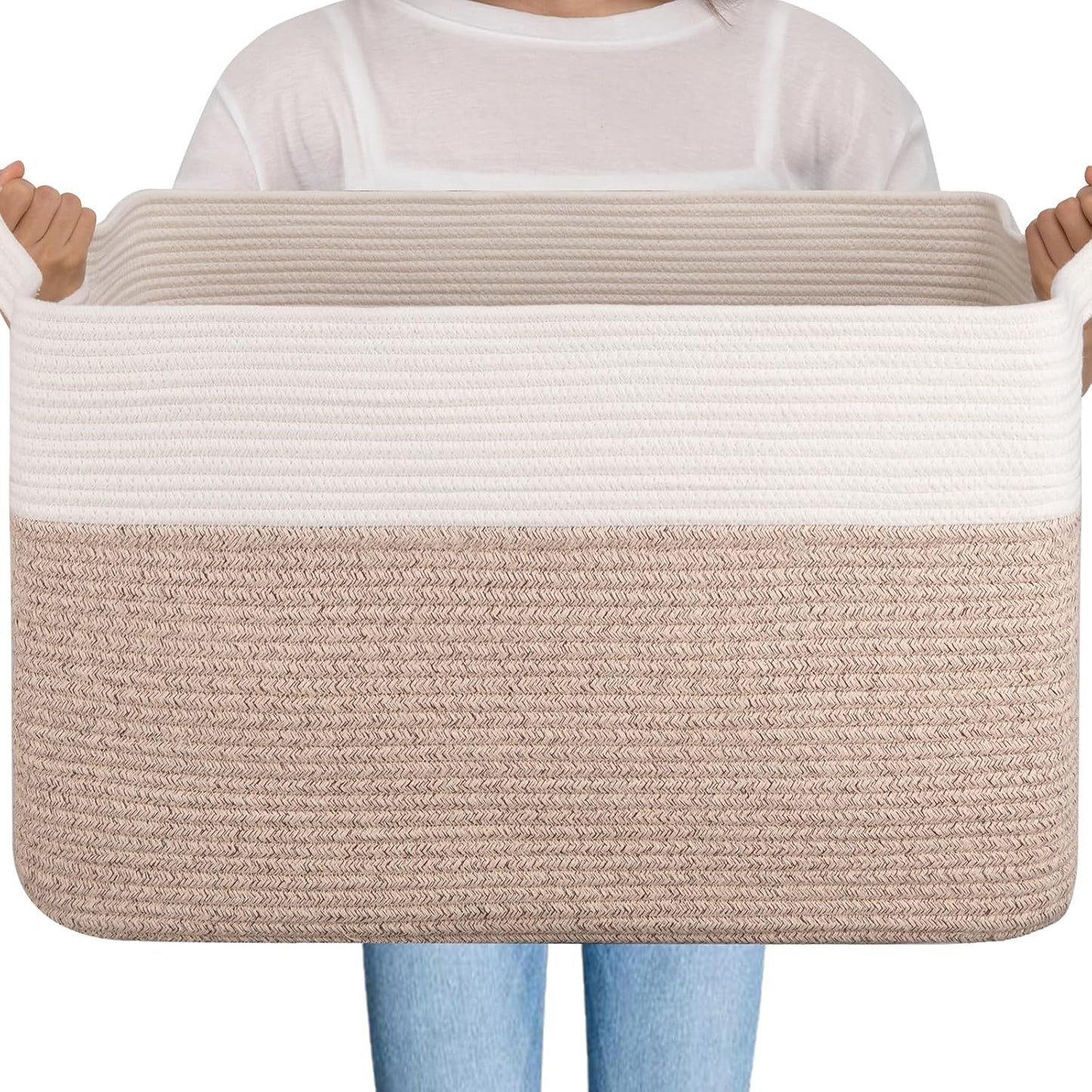 OIAHOMY 95L Blanket Basket, 24”x17”x14”, Large Woven Basket for Storage, Nursery Cotton Rope Basket with Handle, Living Room, Nursery, Bedroom,Toy Storage Organizer Bins, Brown and White