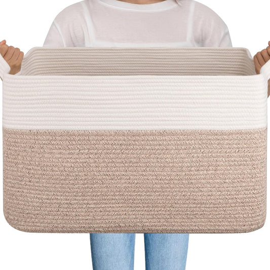 OIAHOMY 95L Blanket Basket, 24”x17”x14”, Large Woven Basket for Storage, Nursery Cotton Rope Basket with Handle, Living Room, Nursery, Bedroom,Toy Storage Organizer Bins, Brown and White