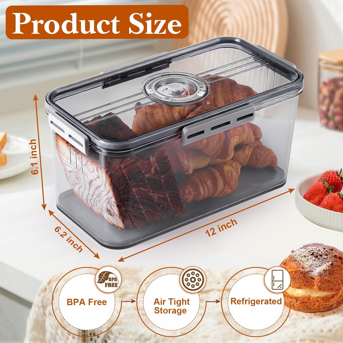 Bread Box for Homemade Bread Boxes for Kitchen Counter Airtight, Time Recording Bread Storage Container with Lid, Bread Containers Storage Airtight Loaf Bread Keeper, Dark Grey