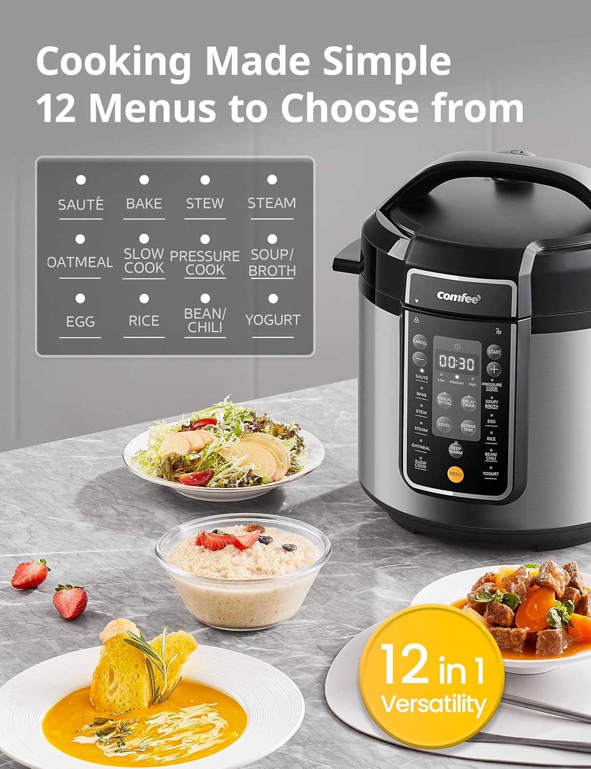 COMFEE’ Pressure Cooker 6 Quart with 13 Cooking Functions, Olla de Presion Non-Stick Pot Yogurt Maker Rice Cooker Slow Cooker Sauté Steamer, Healthy Ceramic Inner Pot