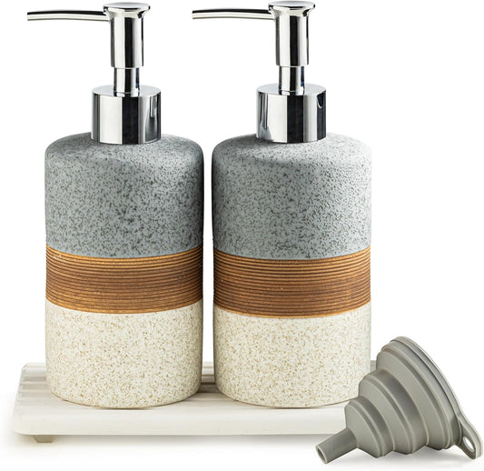 Ceramic Soap Dispenser Set(2 Pack) – Hand Soap, Dish Soap, Shampoo & Shower Soap Dispenser for Bathroom & Kitchen, Stainless Steel Pump, Includes Silicone Funnel & Diatomaceous Tray, Gray