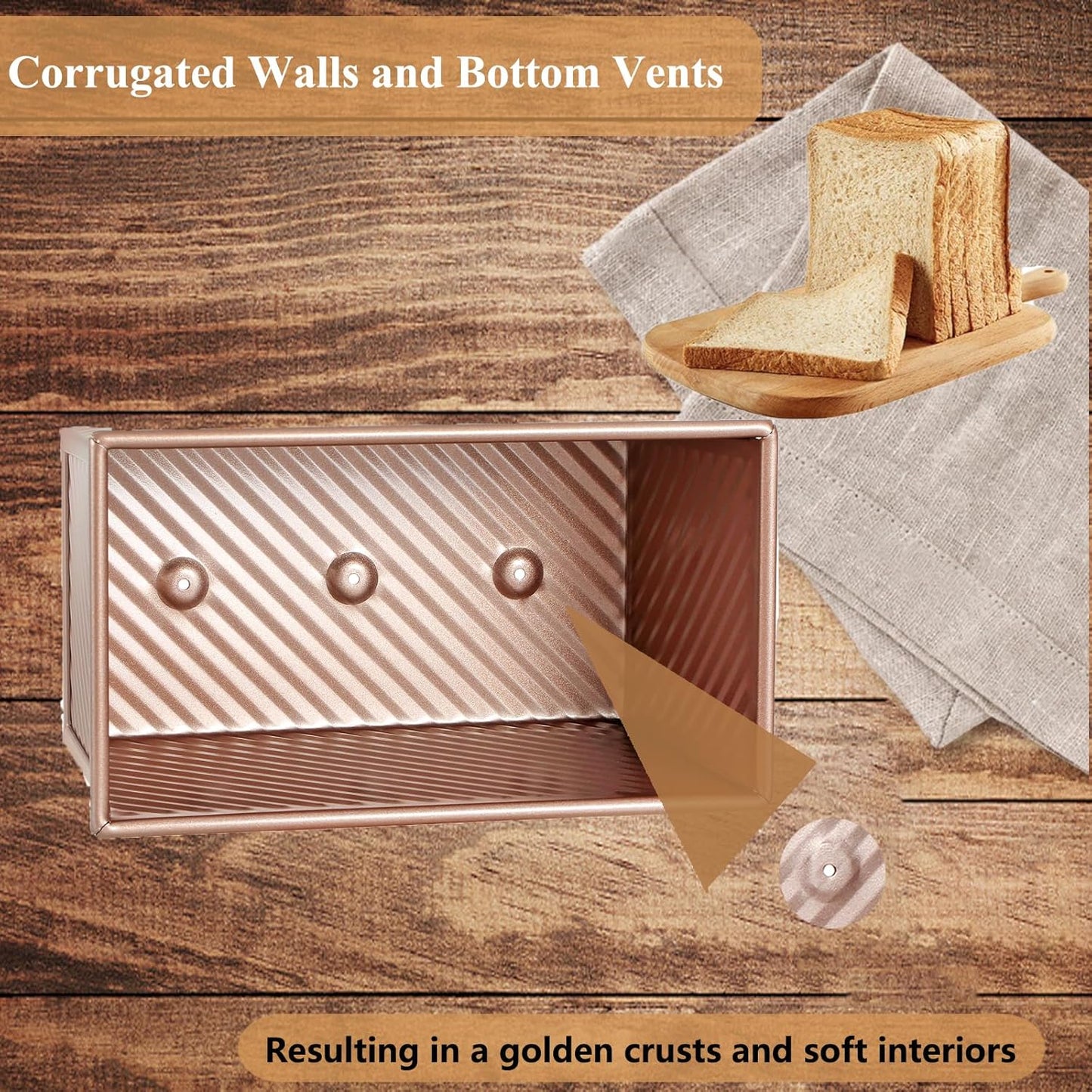 SS&CC Pullman Loaf Pan with Lid 2-Pack, 2.2lb & 1lb Carbon Steel Bread Pan for Homemade Sourdough & Sandwich Bread | Nonstick Bakeware, Heavy Duty & Easy Clean (Gold, 1lb+2.2lb)