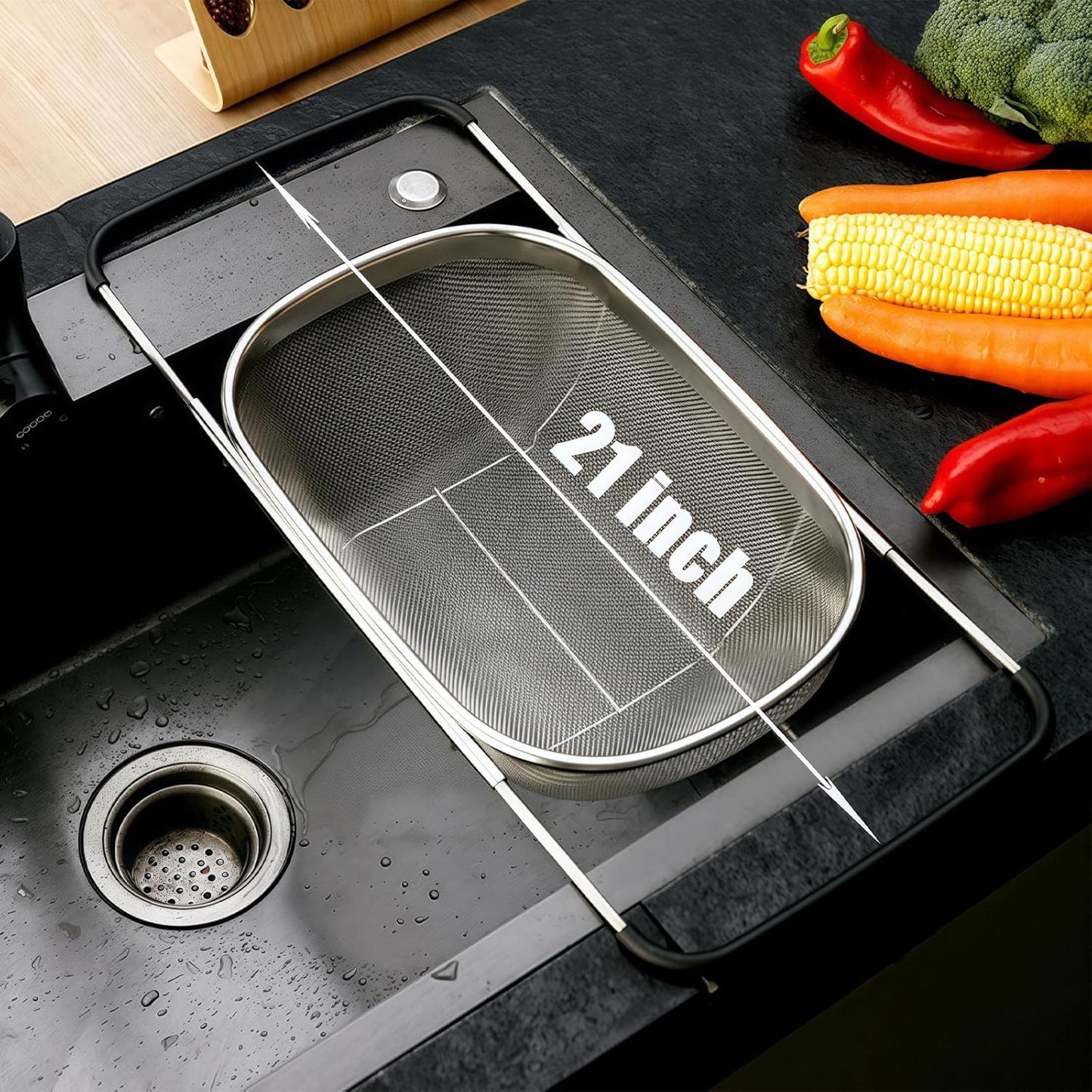 Over The Sink Colander 6 Quart Stainless Steel Fine Mesh Strainer Basket & Expandable Rubber Grip Handles - Strain, Drain, Rinse Fruits, Vegetables