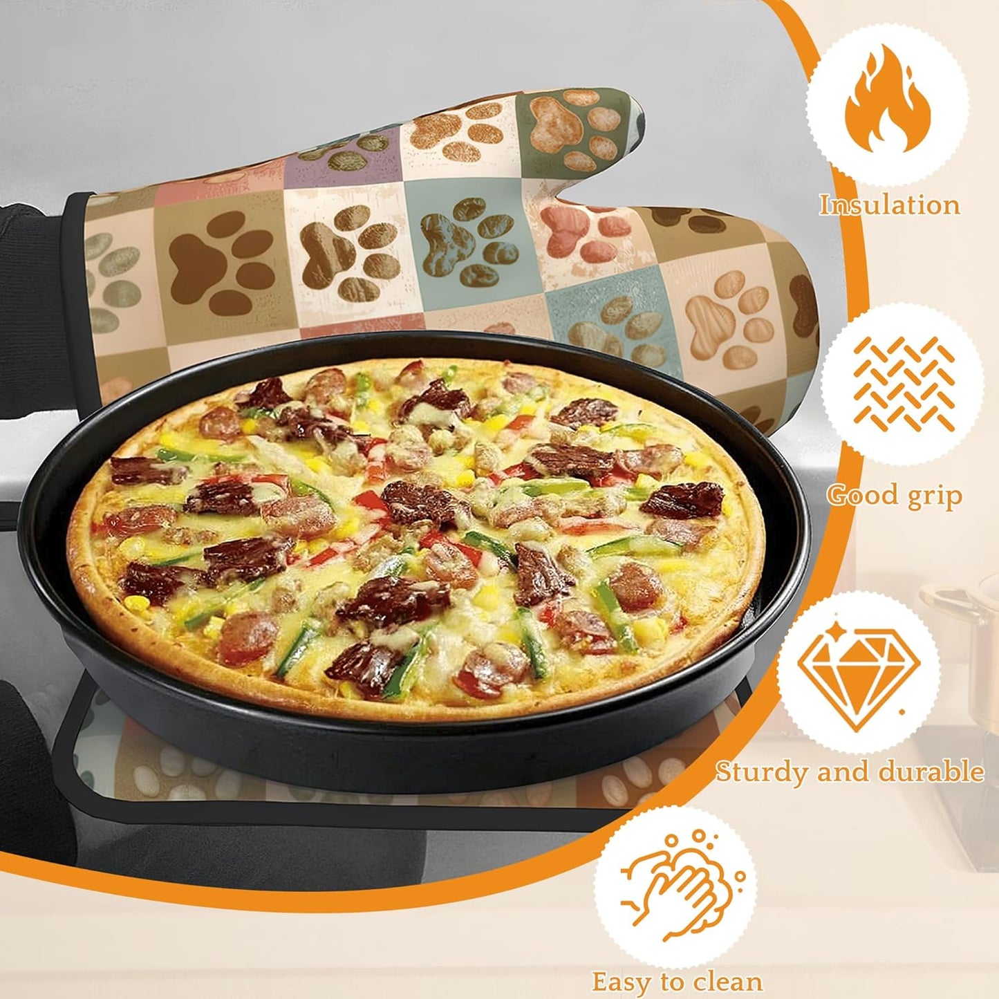 Vintage Dog Cat Paws Oven Mitts and Pot Holders Set,Kitchen Oven Gloves and Pot Holder with Heat Resistant Non Slip for Cooking Baking Grilling(4 Piece Set)