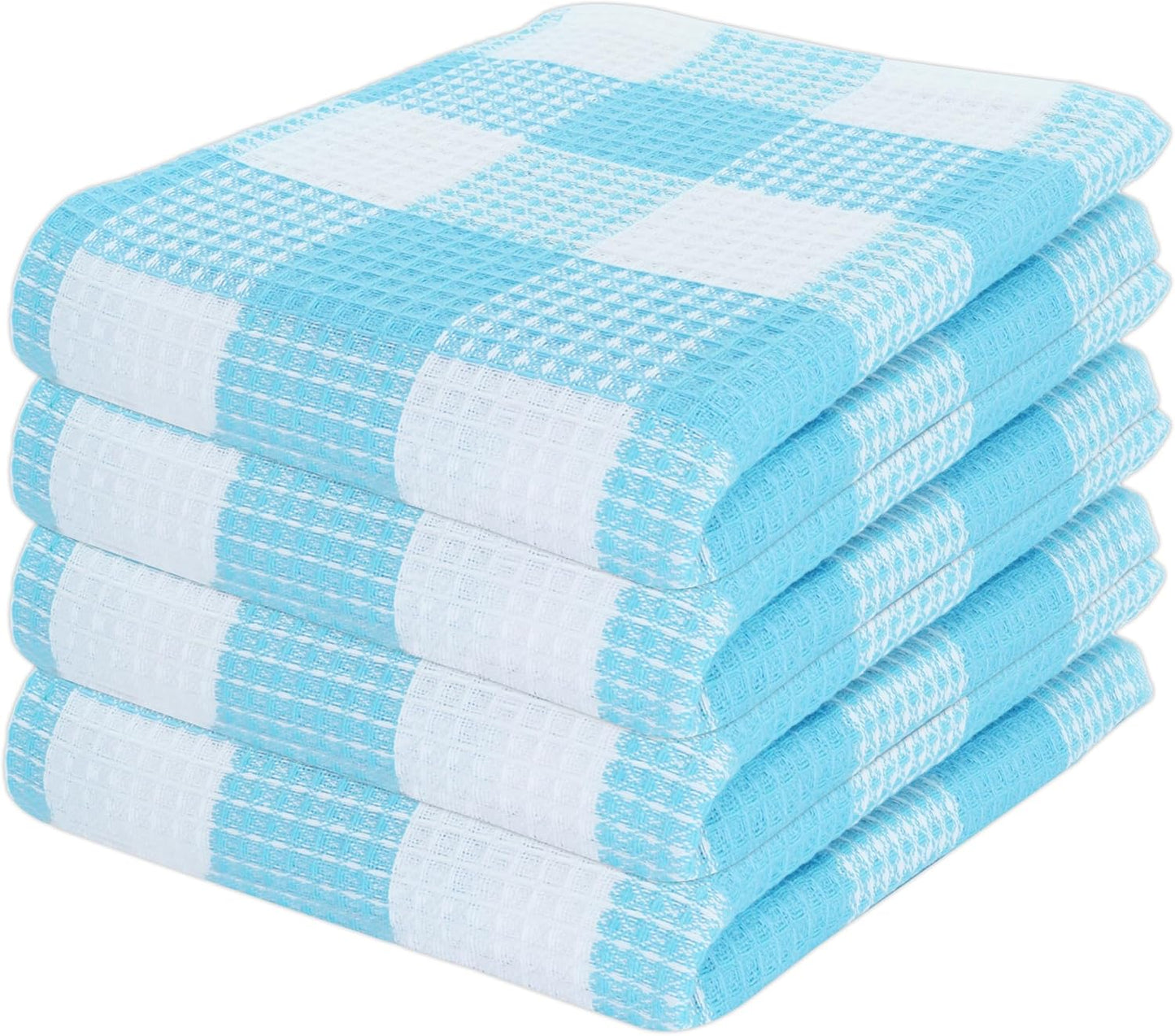 PurpleEssences 100% Cotton Waffle Weave Check Plaid Kitchen Towels, Super Soft and Absorbent Dish Towels for Drying Dishes 15 x 25-4 Pack - Spring Summer - Aqua Blue and White
