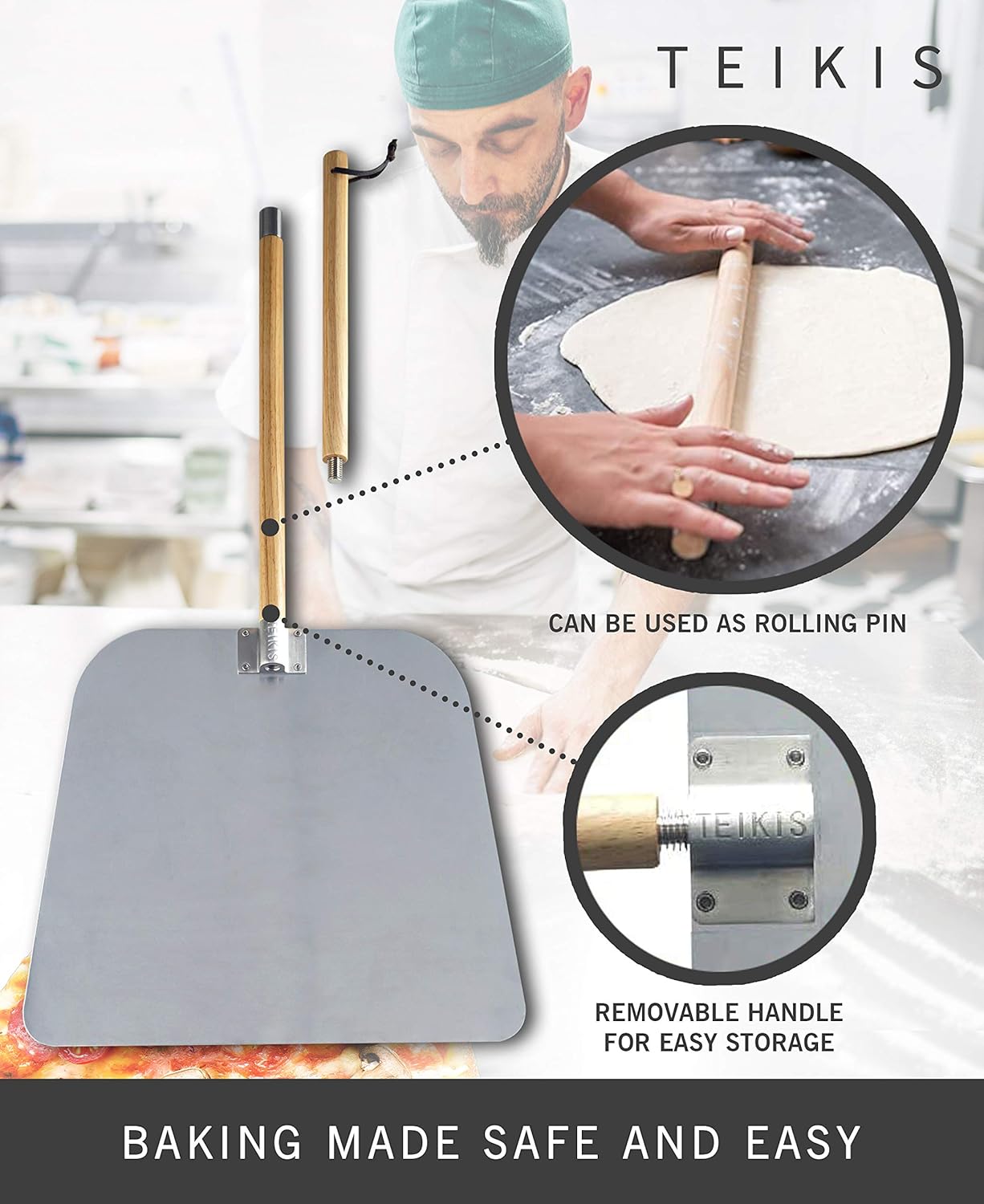 Pizza Cutter Rocker Style & Pizza Peel Set - 14" Large Pizza Metal Slicer Sharp Knife Blade Chopper with 14" x 16" Heavy Duty Pizza Paddle Board Pan with Wood Handle - Premium Oven Baking Accessories